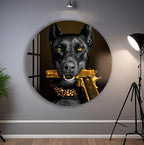 Cool Doberman Glass Wall Art – Bold Modern Decor with Golden Gun Design