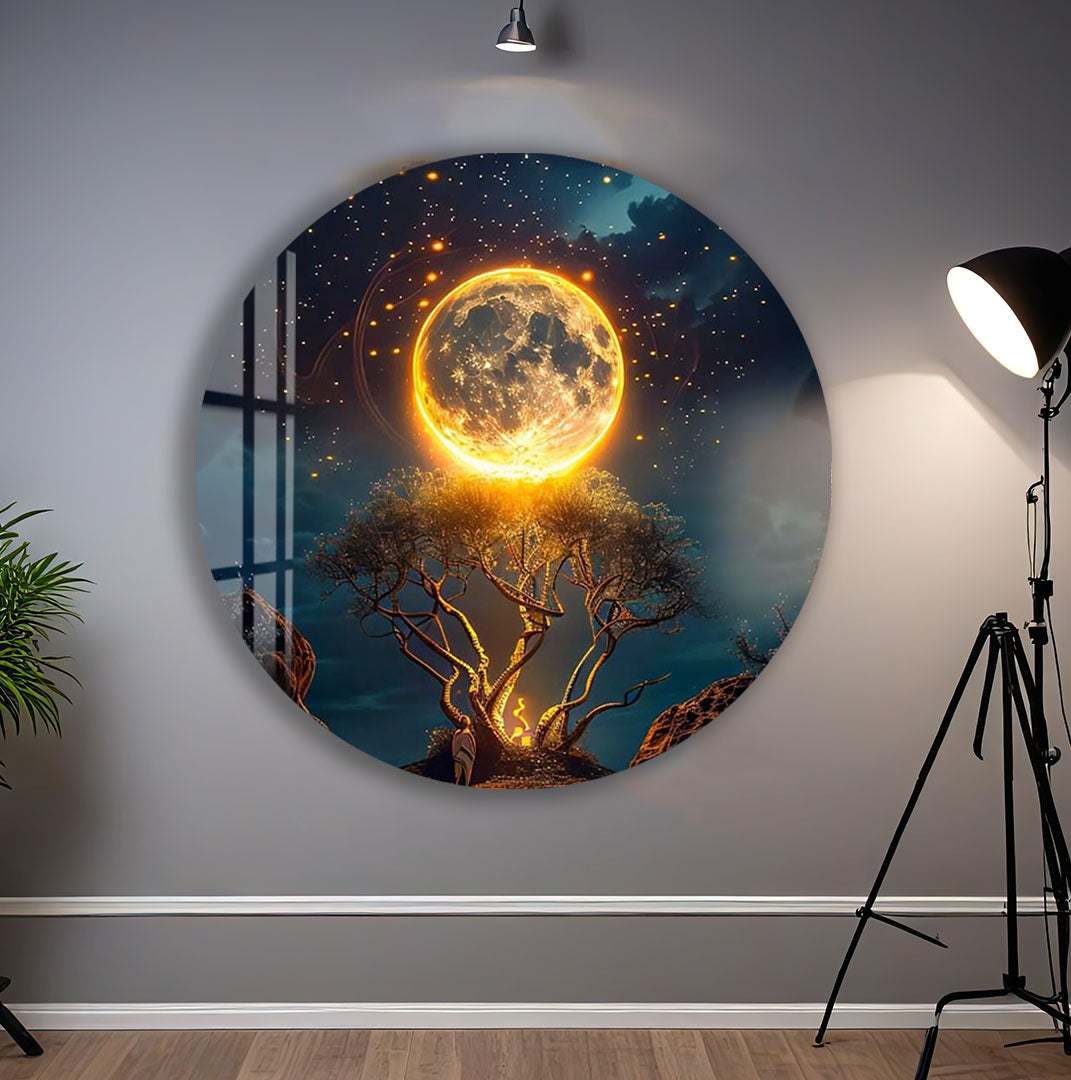 Fantasy Moon Glass Wall Art – Magical Night Tree & Moonlight Design for Modern Interiors