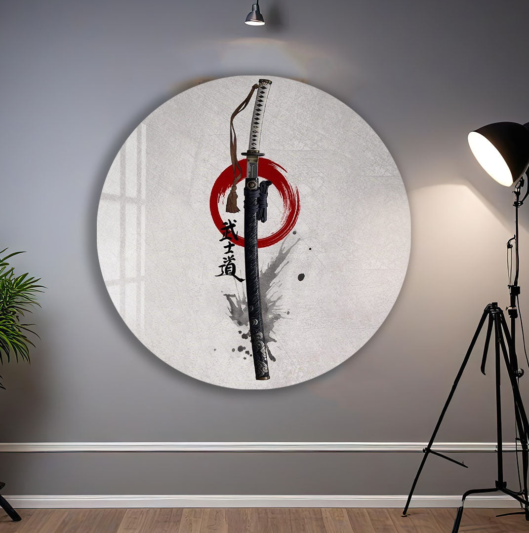 Samurai Katana Glass Wall Art – Japanese Warrior Sword Decor for Modern Interiors