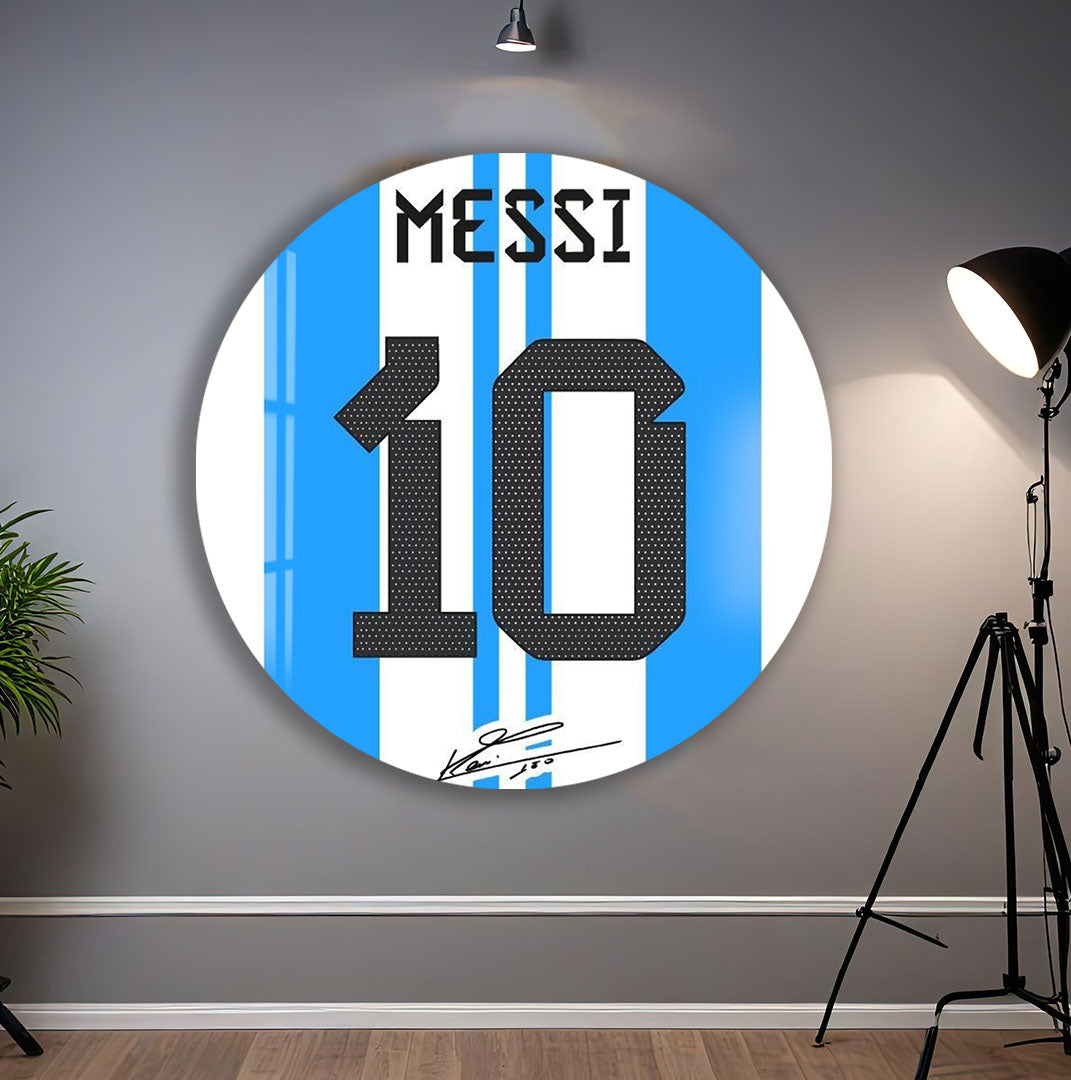 Lionel Messi Glass Wall Art – Iconic Argentina Number 10 Jersey Sports Decor