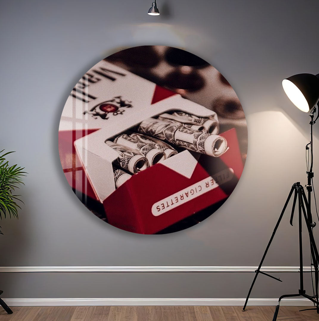 Money Cigarette Pack Glass Wall Art – Creative Pop Culture Decor for Modern Interiors