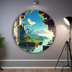 Minecraft Landscape Glass Wall Art – Pixel World Gaming Decor for Gamers