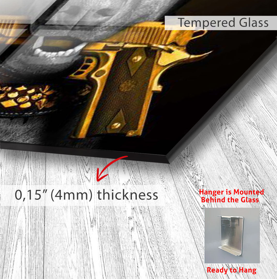 Cool Doberman Glass Wall Art – Bold Modern Decor with Golden Gun Design
