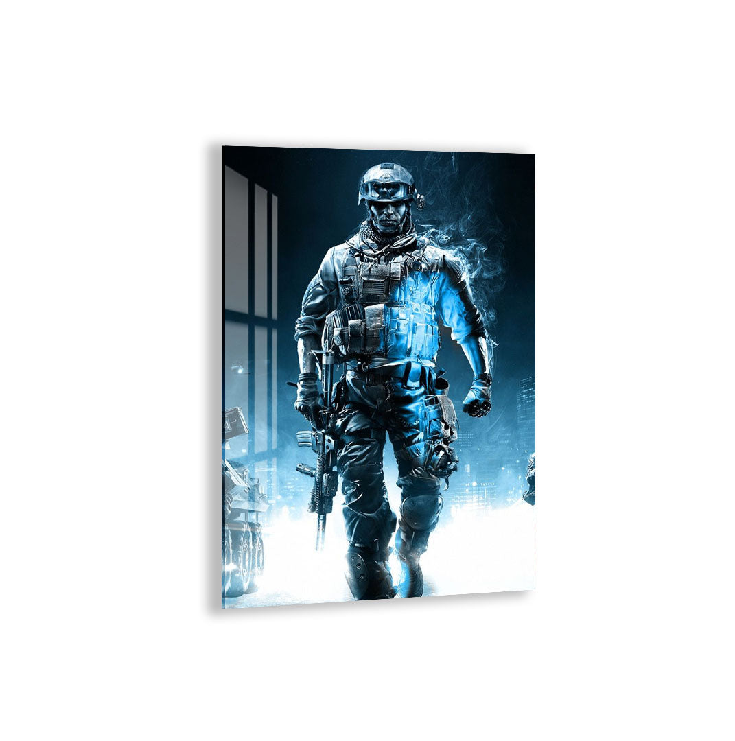 Battlefield Soldier Glass Wall Art – Epic Gaming Decor for Modern Interiors