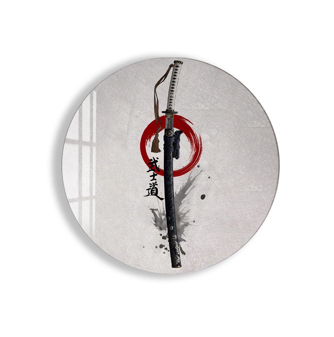 Samurai Katana Glass Wall Art – Japanese Warrior Sword Decor for Modern Interiors