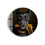 Cool Doberman Glass Wall Art – Bold Modern Decor with Golden Gun Design