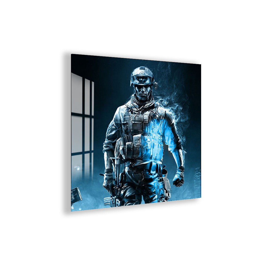 Battlefield Soldier Glass Wall Art – Epic Gaming Decor for Modern Interiors