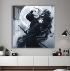 Samurai Warrior Moon Glass Wall Art – Epic Gaming & Fantasy Decor for Modern Interiors