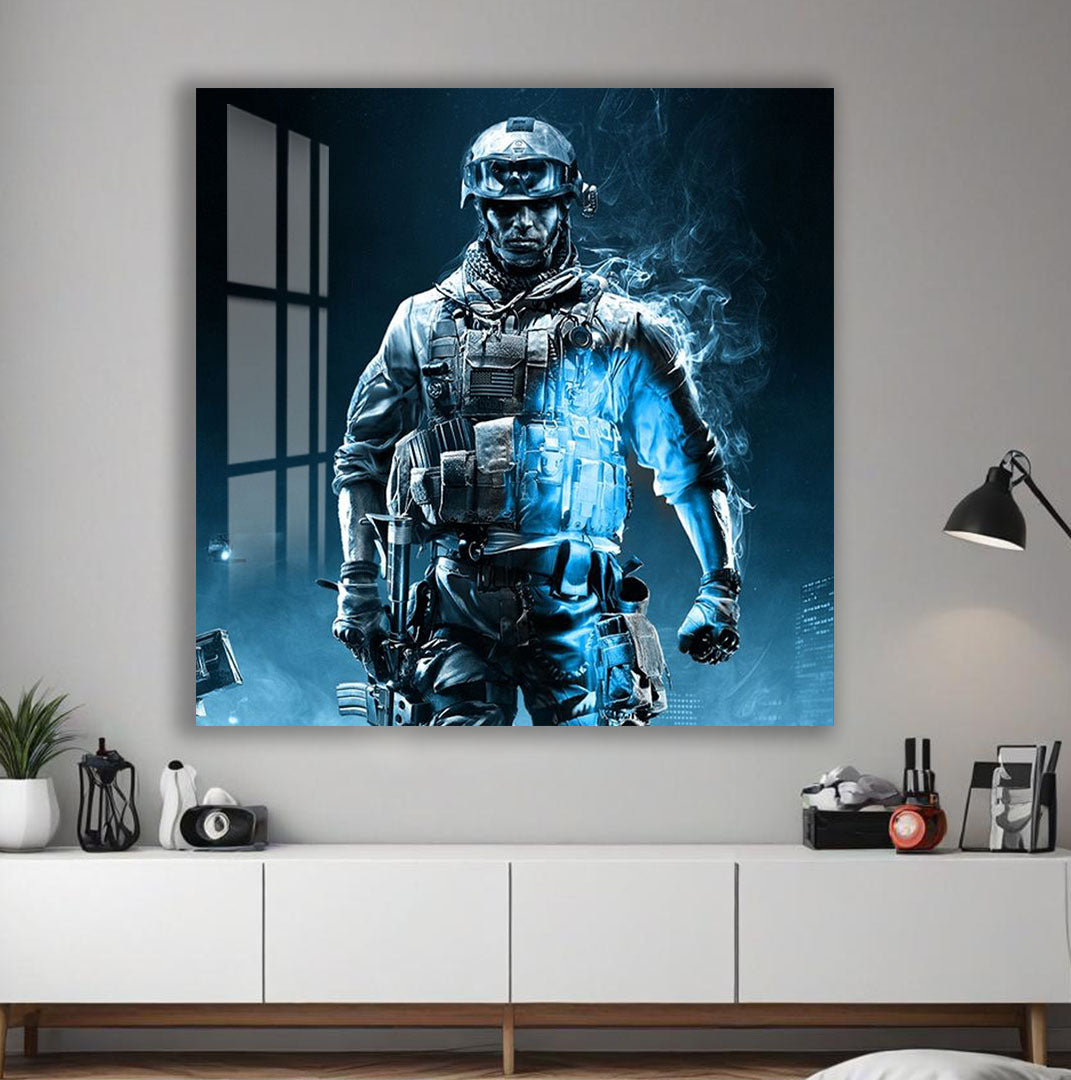 Battlefield Soldier Glass Wall Art – Epic Gaming Decor for Modern Interiors