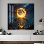 Fantasy Moon Glass Wall Art – Magical Night Tree & Moonlight Design for Modern Interiors
