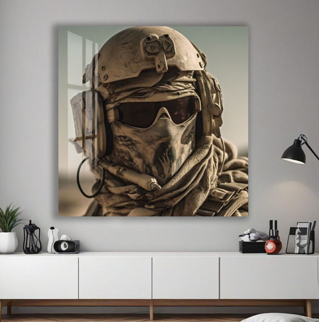 Tactical Soldier Glass Wall Art – Military Gaming Decor for Modern Interiors
