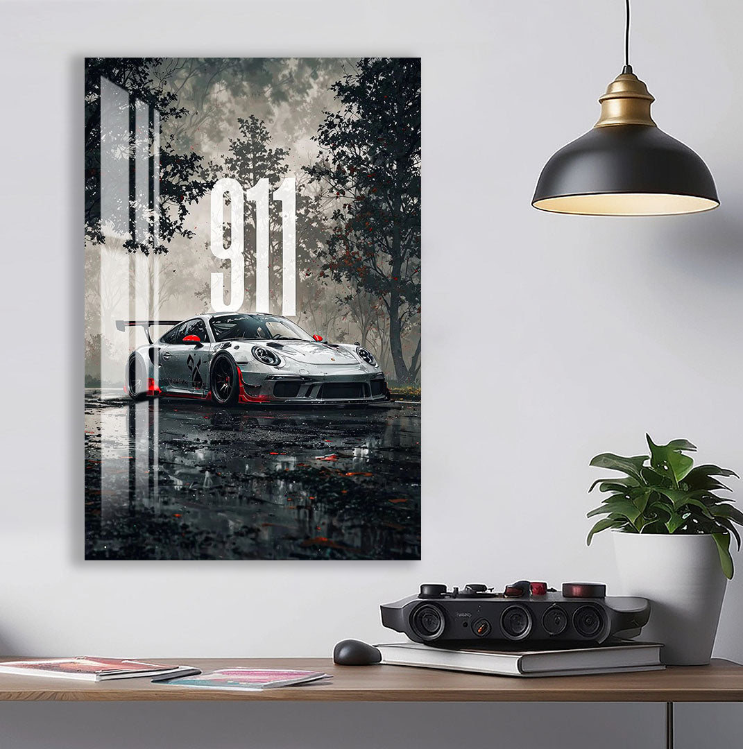 Porsche 911 Glass Wall Art – Luxury Sports Car Decor for Modern Interiors