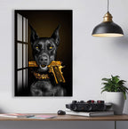 Cool Doberman Glass Wall Art – Bold Modern Decor with Golden Gun Design