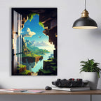 Minecraft Landscape Glass Wall Art – Pixel World Gaming Decor for Gamers