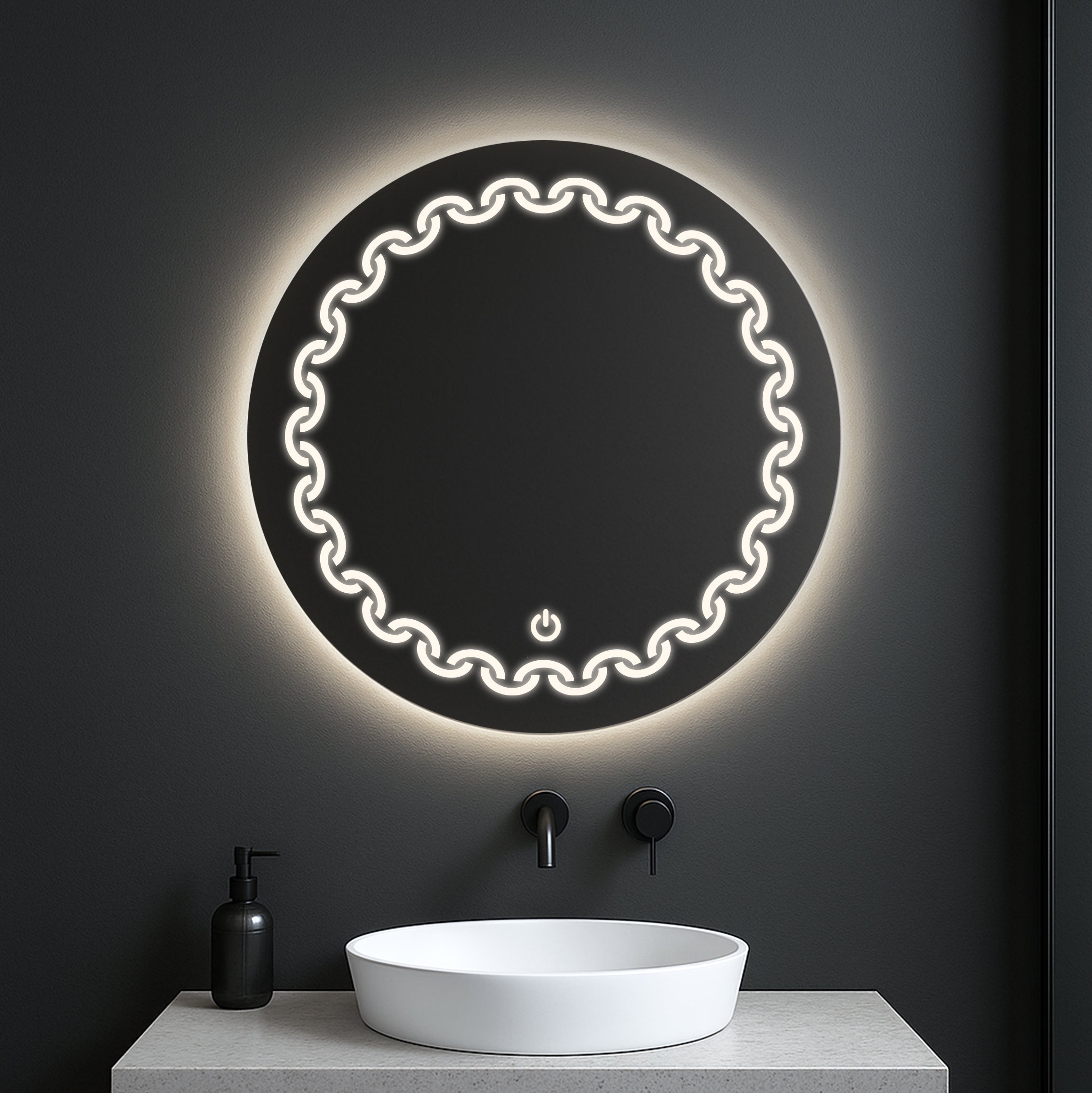 Round LED Mirror with Chain Pattern Light – Touch Sensor & Dual Light Options
