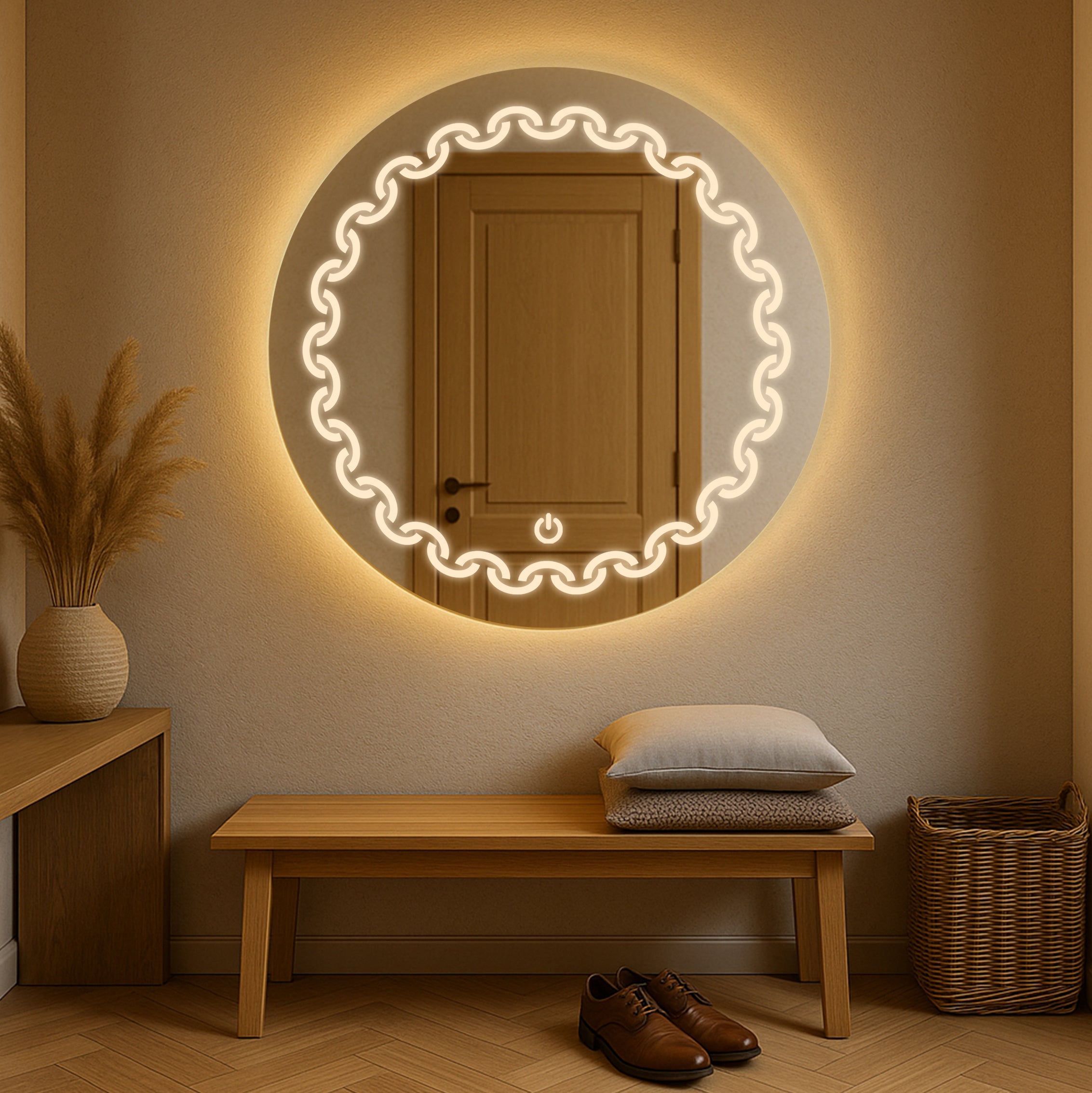 Round LED Mirror with Chain Pattern Light – Touch Sensor & Dual Light Options