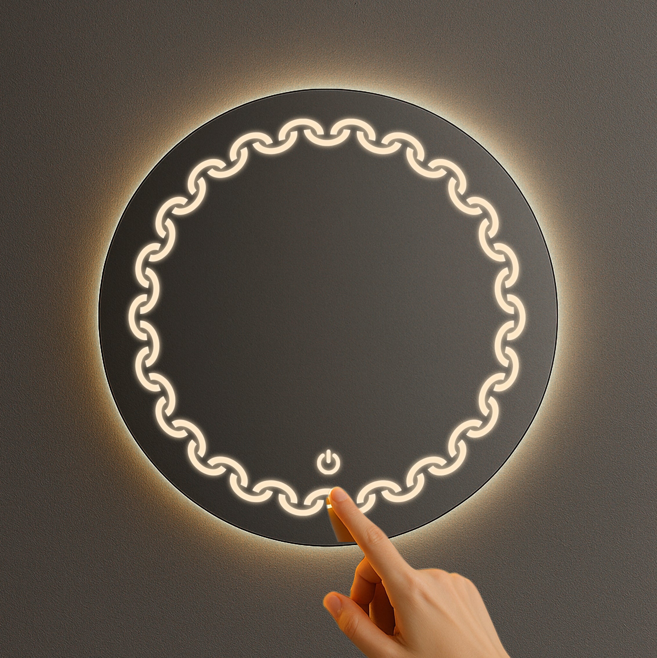 Round LED Mirror with Chain Pattern Light – Touch Sensor & Dual Light Options