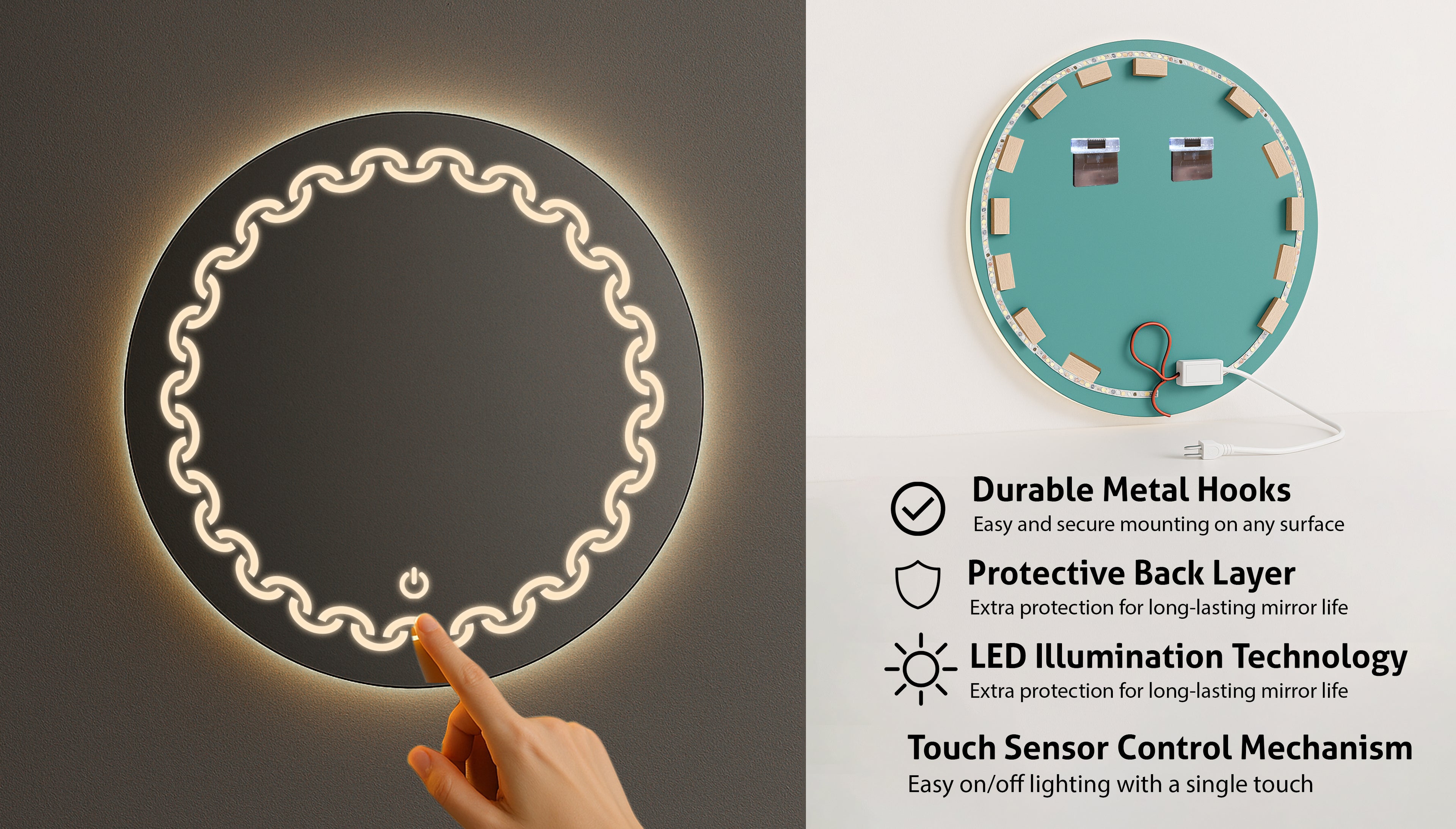Round LED Mirror with Chain Pattern Light – Touch Sensor & Dual Light Options