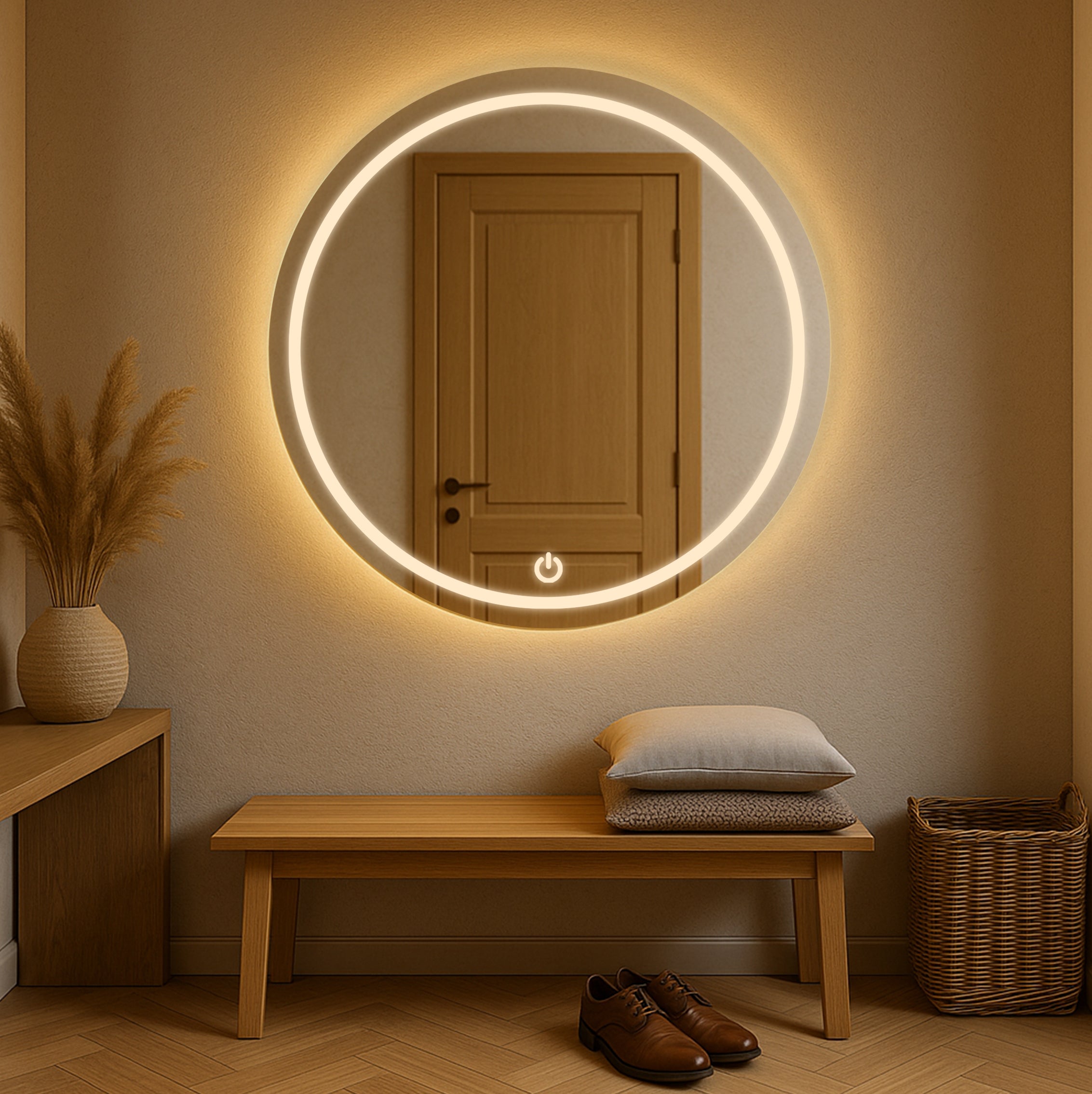 Modern Round LED Mirror with Touch Sensor – Daylight & Pure White Options