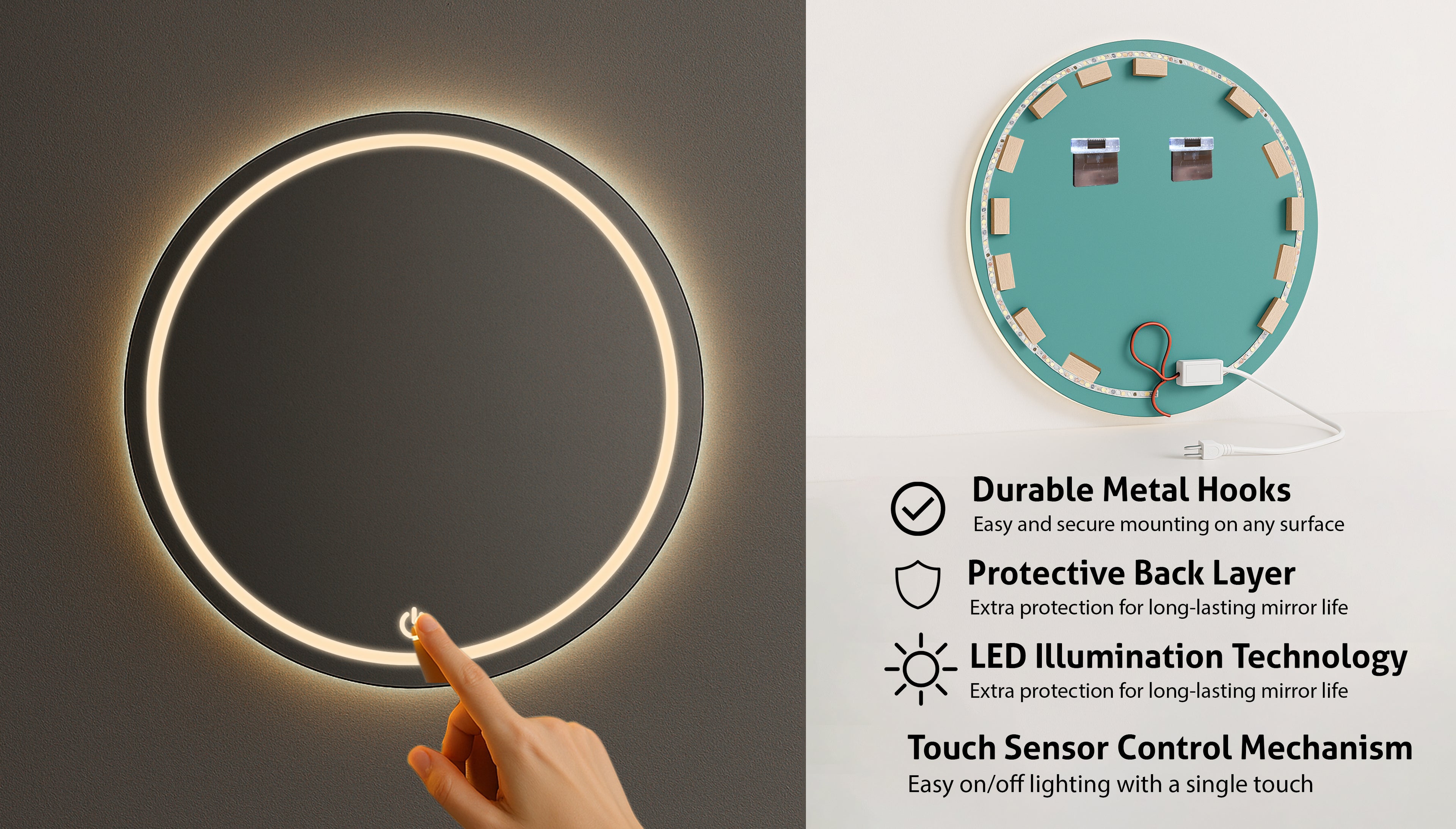 Modern Round LED Mirror with Touch Sensor – Daylight & Pure White Options