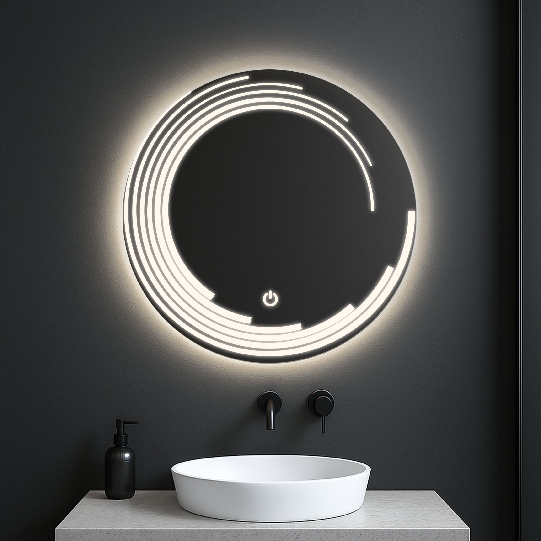 Modern LED Round Mirror with Artistic Light Design – Touch Sensor & Dual Light Modes
