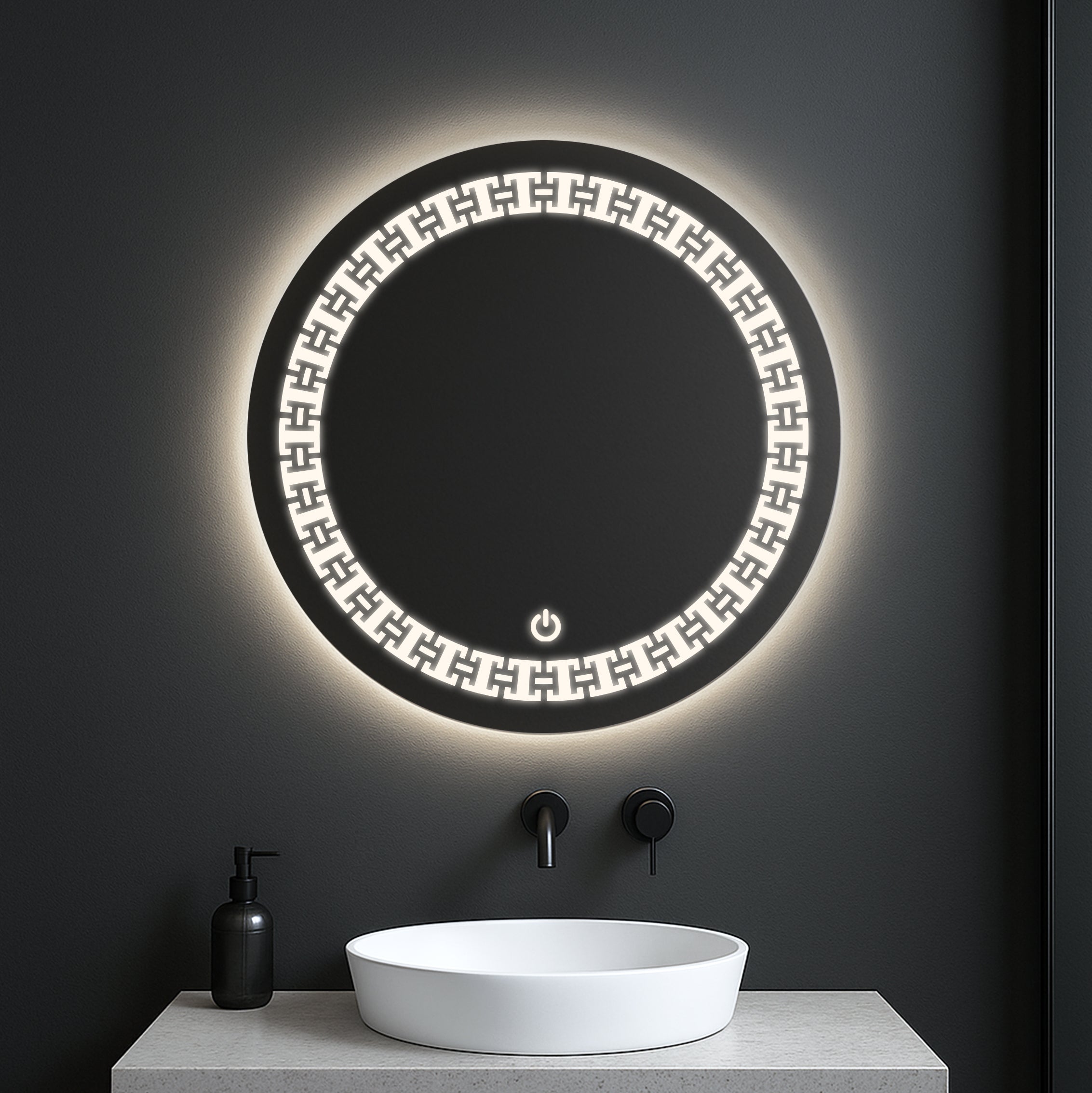 Round LED Mirror with Geometric Greek Key Pattern – Touch Sensor & Dual Light Options
