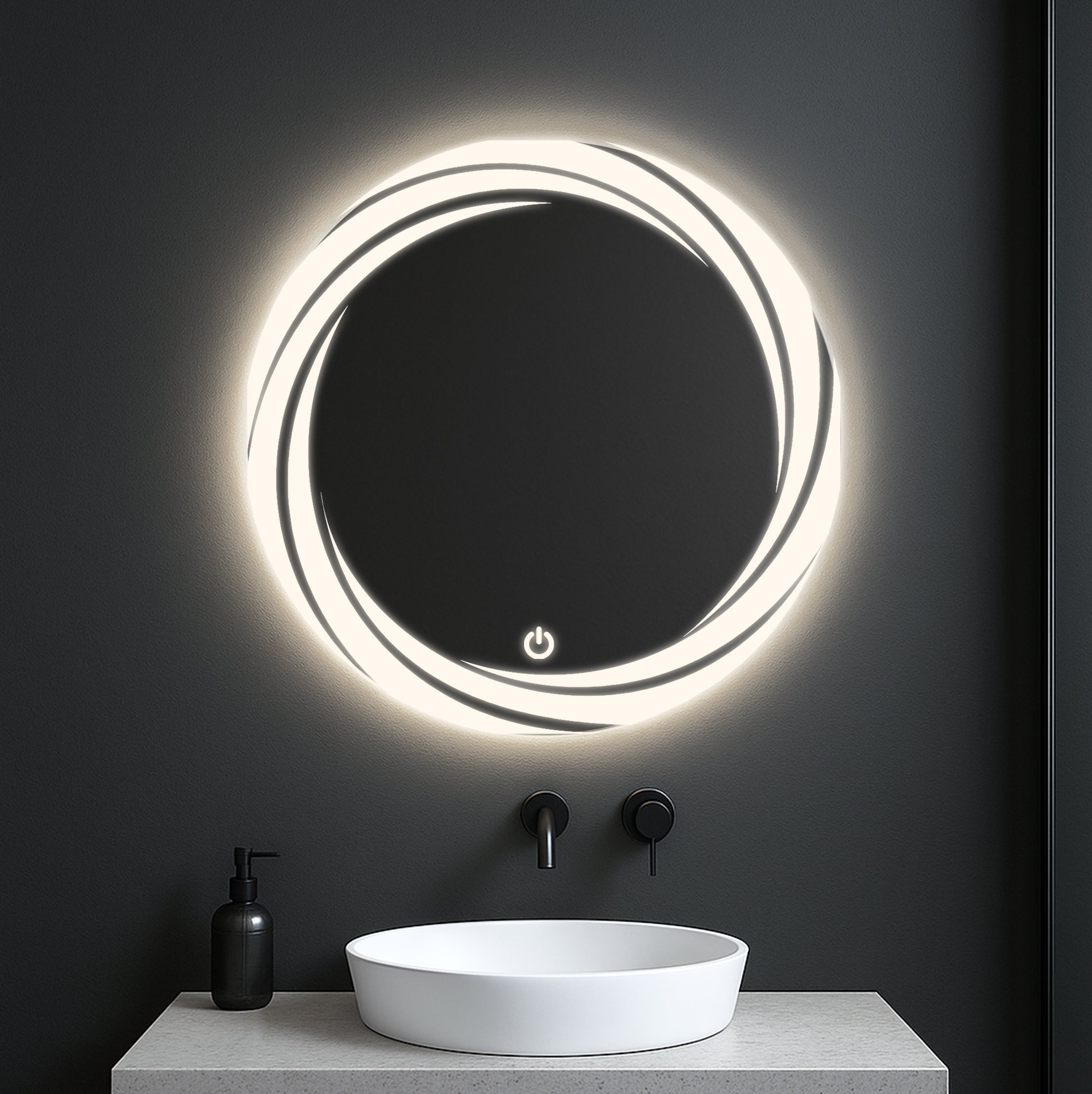 Round LED Mirror with Swirl Light Design – Touch Sensor & Dual Light Modes