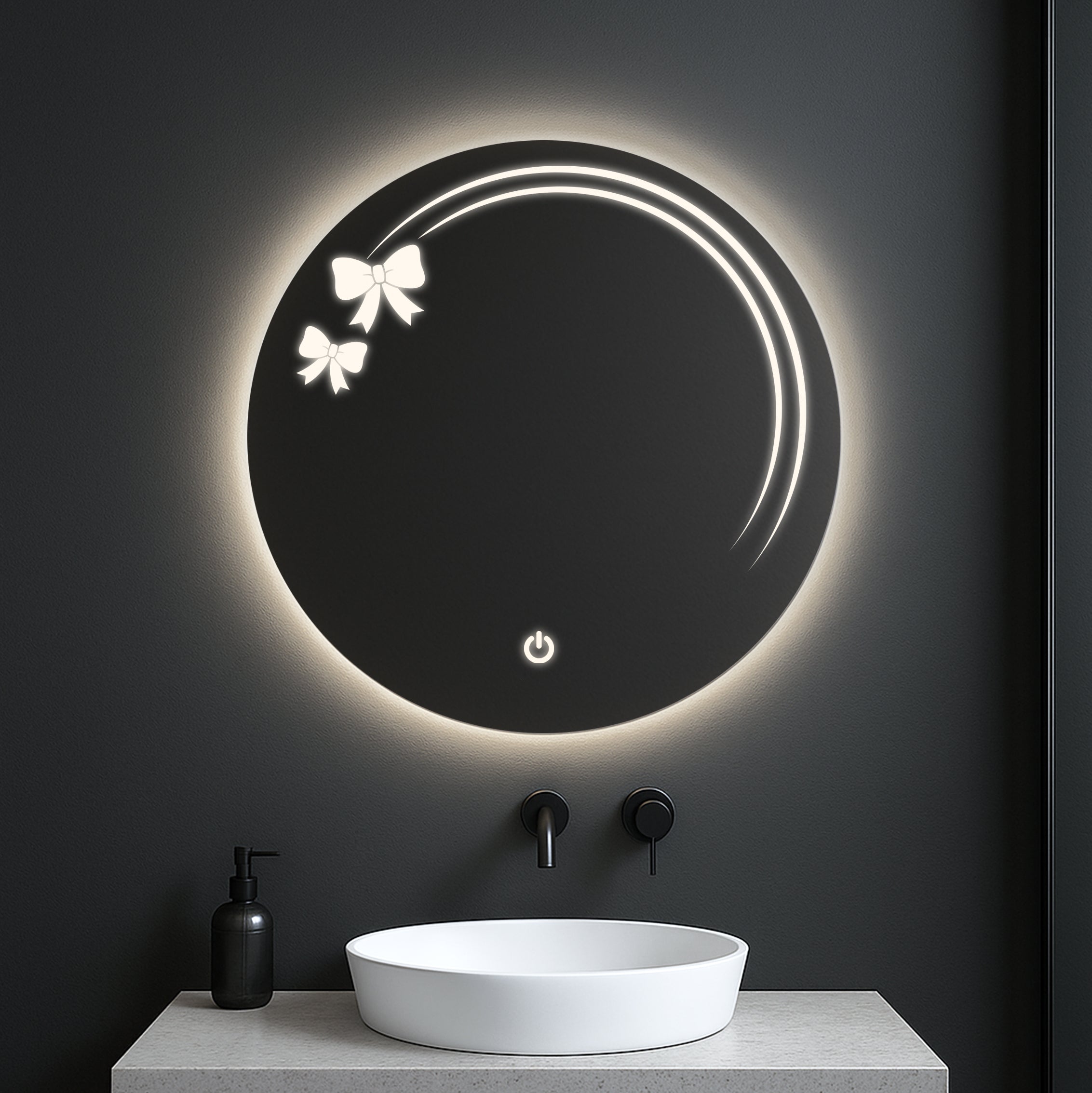 Round LED Mirror with Bow Accent Light Design – Touch Sensor & Dual Light Modes
