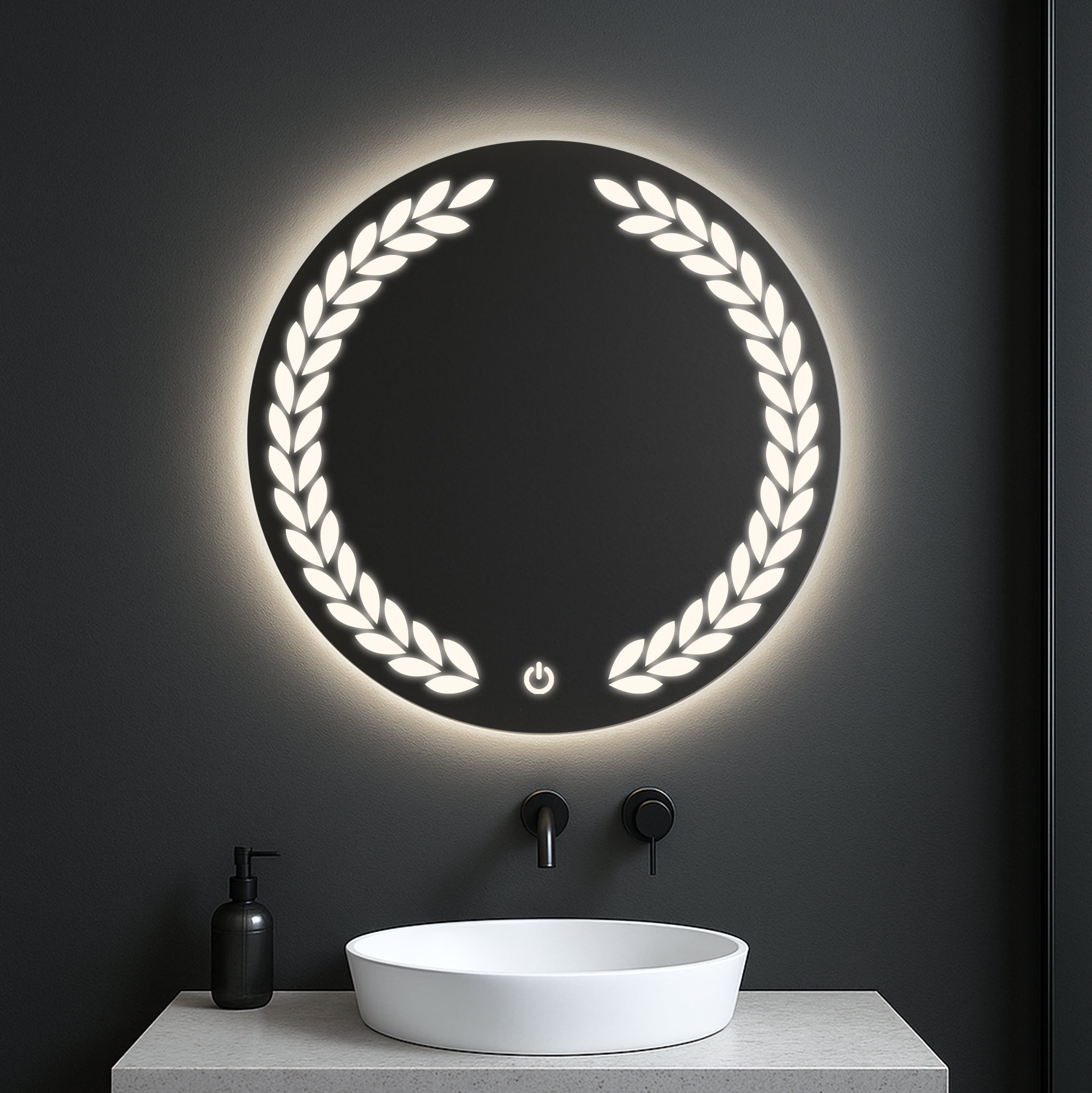 Round LED Mirror with Laurel Leaf Light Design – Touch Sensor & Dual Light Options