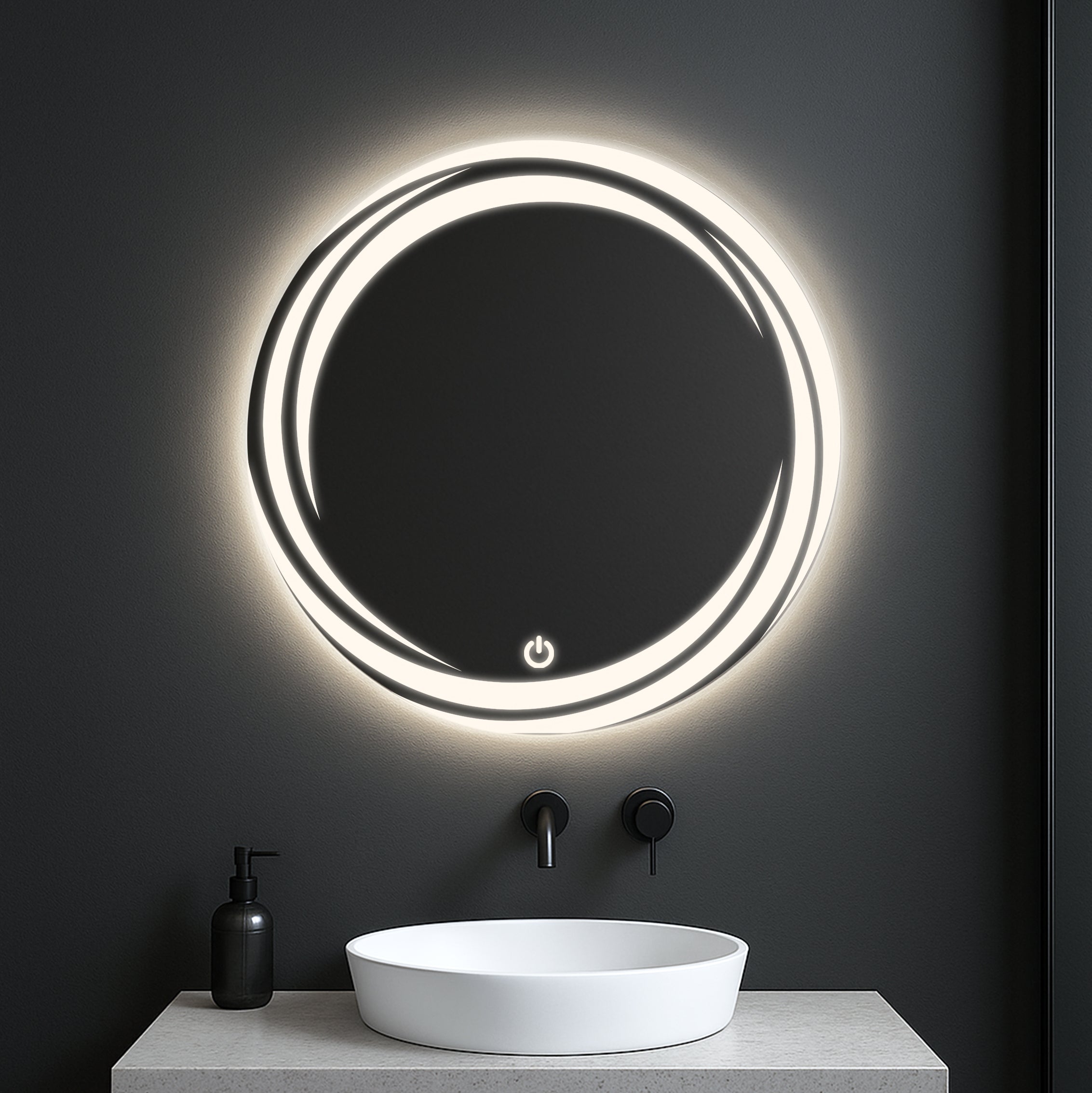 Round LED Mirror with Spiral Light Design – Touch Sensor & Dual Light Options