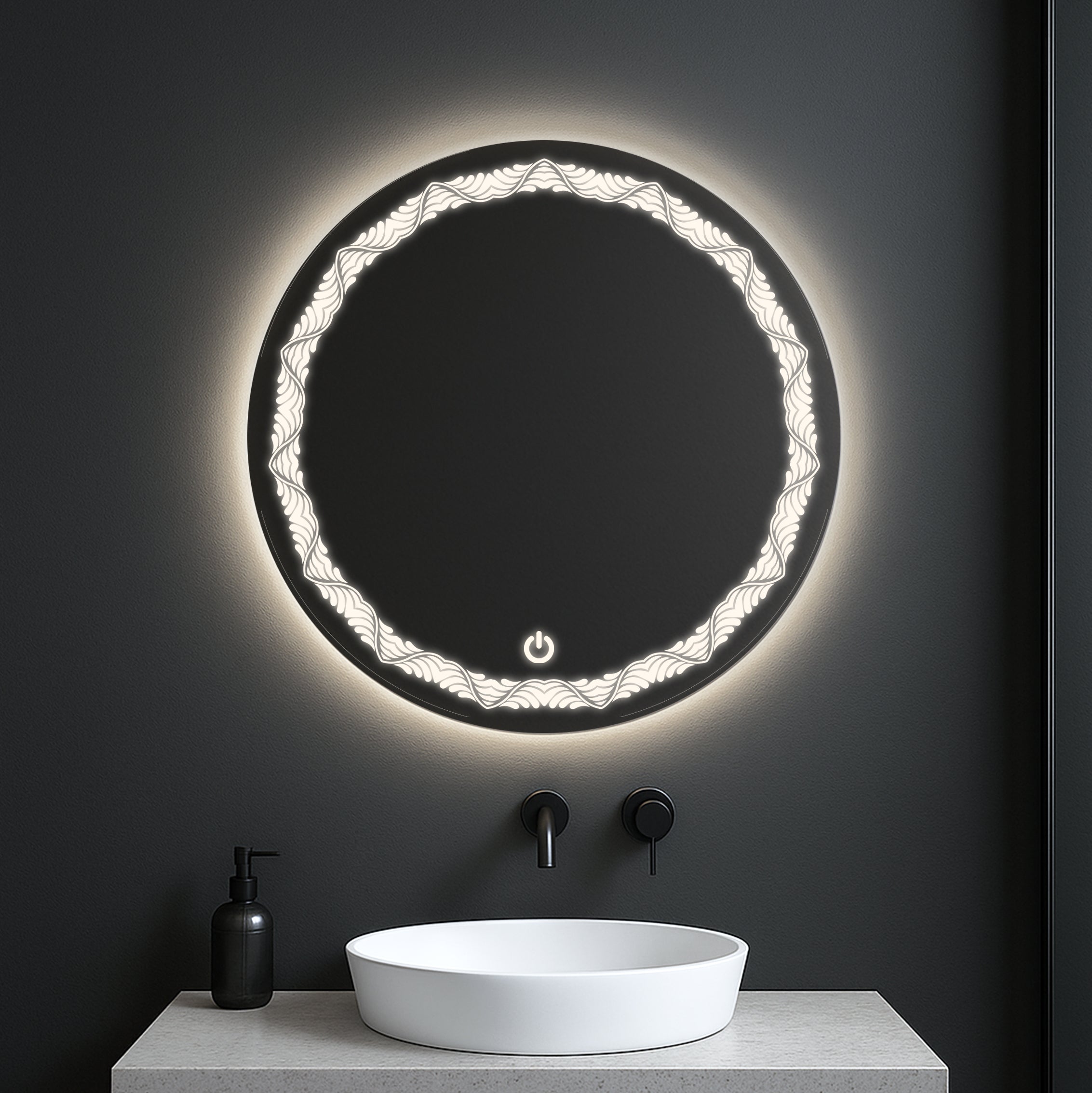 Round LED Mirror with Wave Pattern Light – Touch Sensor & Dual Light Options