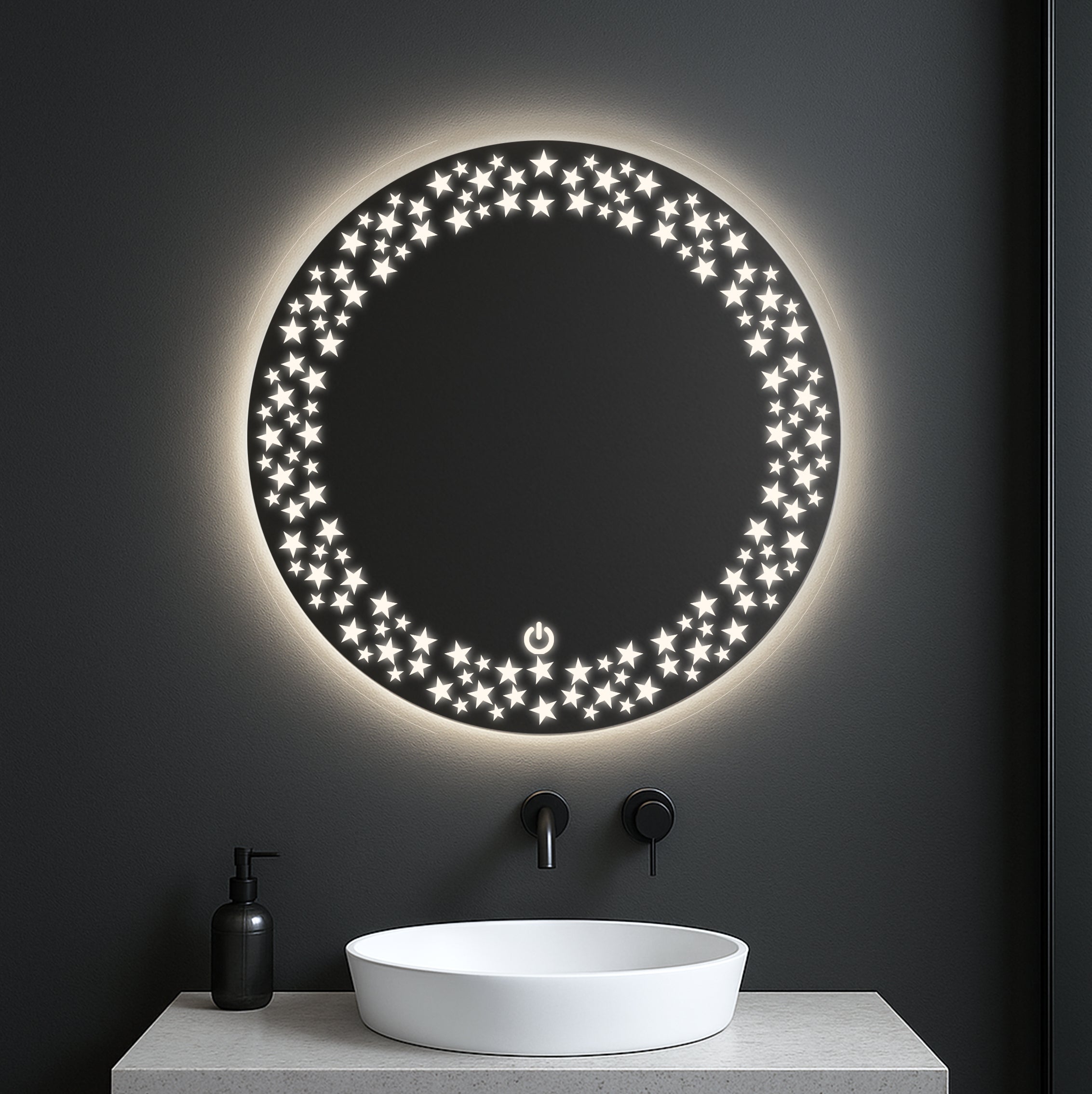 Round LED Mirror with Star Pattern Light – Touch Sensor & Dual Light Modes