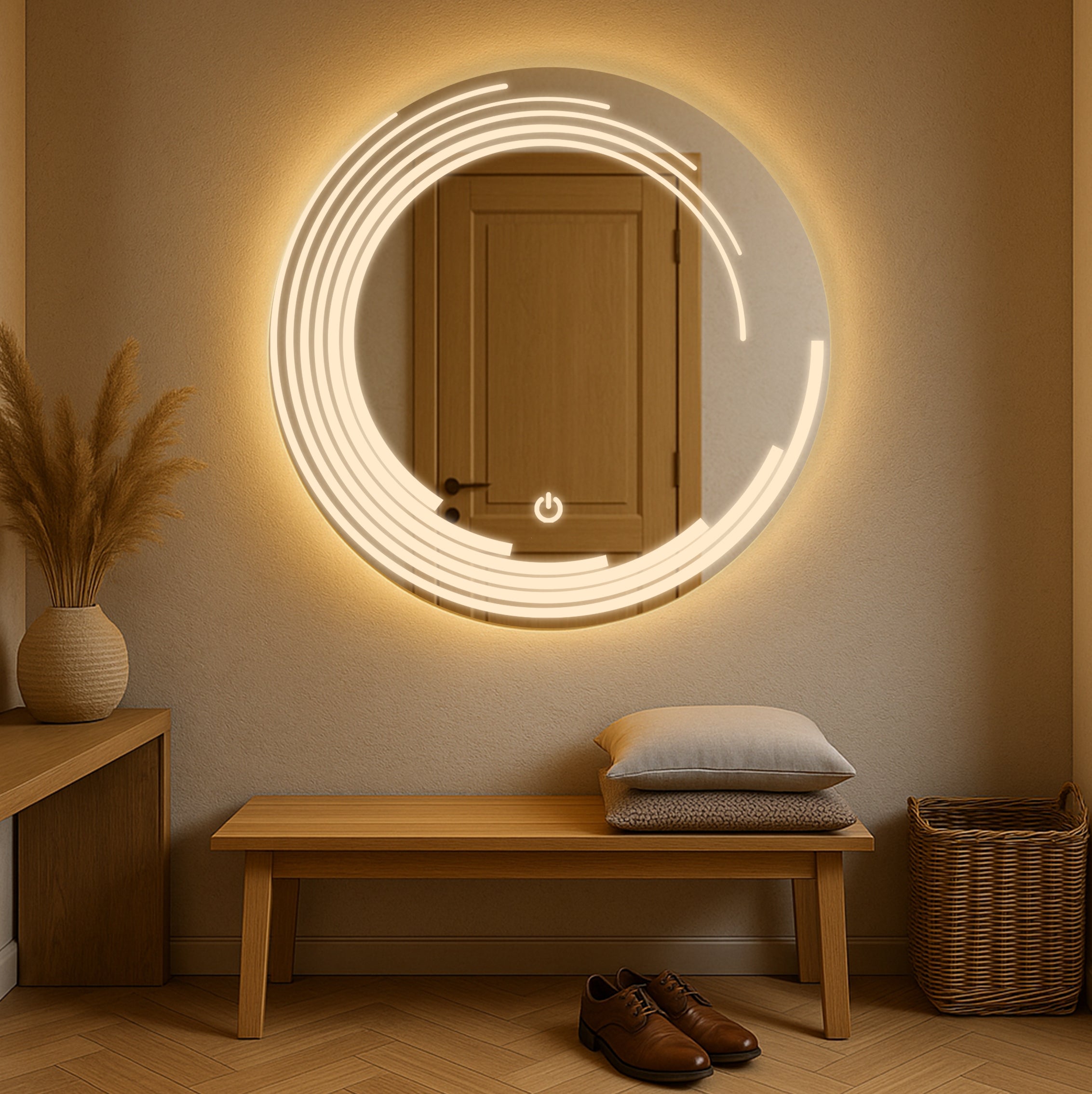 Modern LED Round Mirror with Artistic Light Design – Touch Sensor & Dual Light Modes