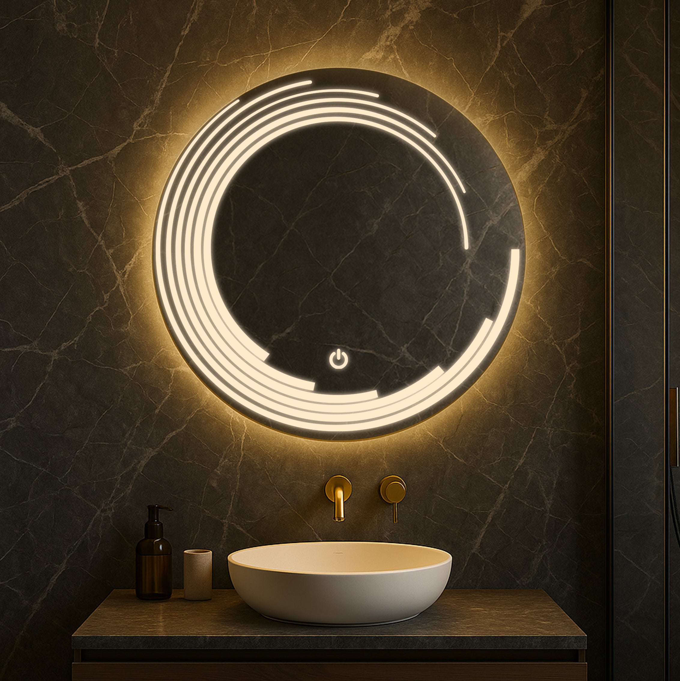 Modern LED Round Mirror with Artistic Light Design – Touch Sensor & Dual Light Modes