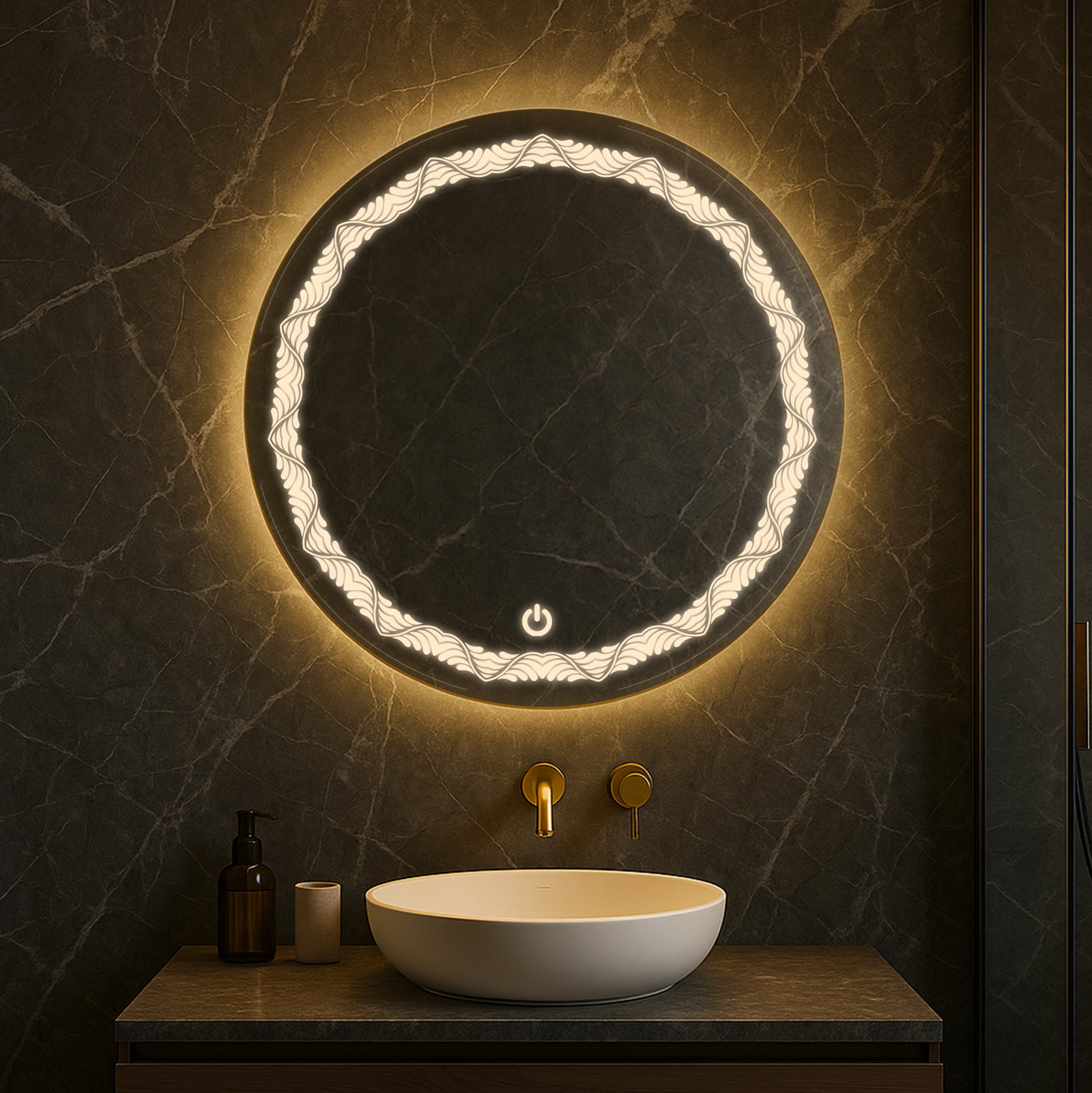 Round LED Mirror with Wave Pattern Light – Touch Sensor & Dual Light Options