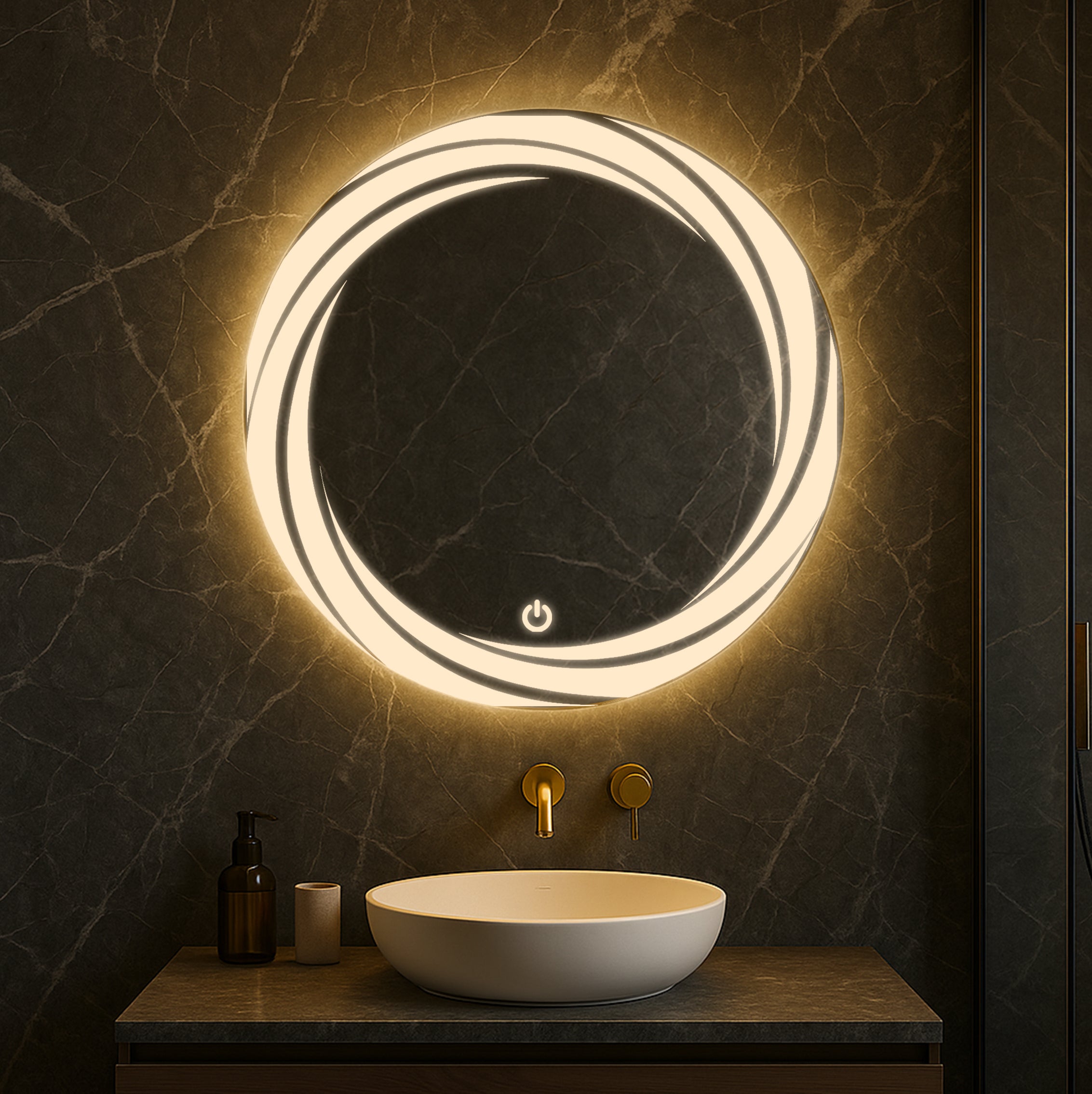 Round LED Mirror with Swirl Light Design – Touch Sensor & Dual Light Modes