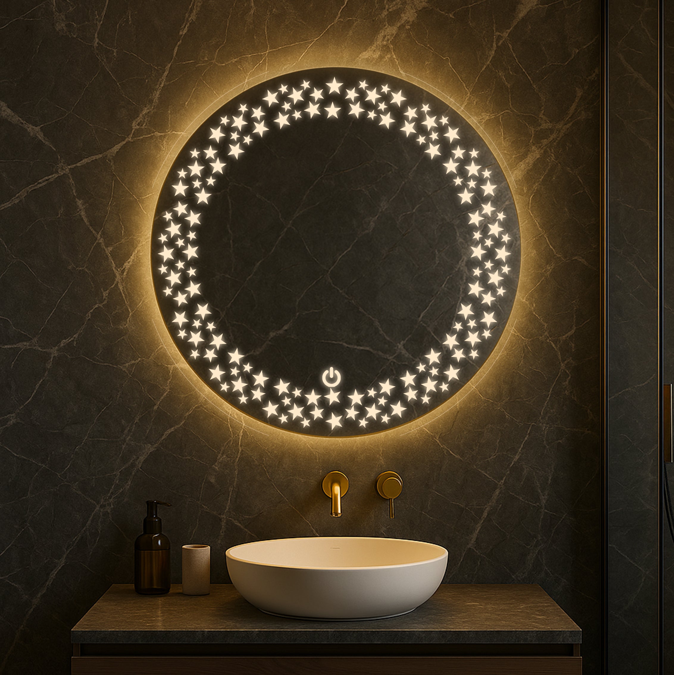Round LED Mirror with Star Pattern Light – Touch Sensor & Dual Light Modes