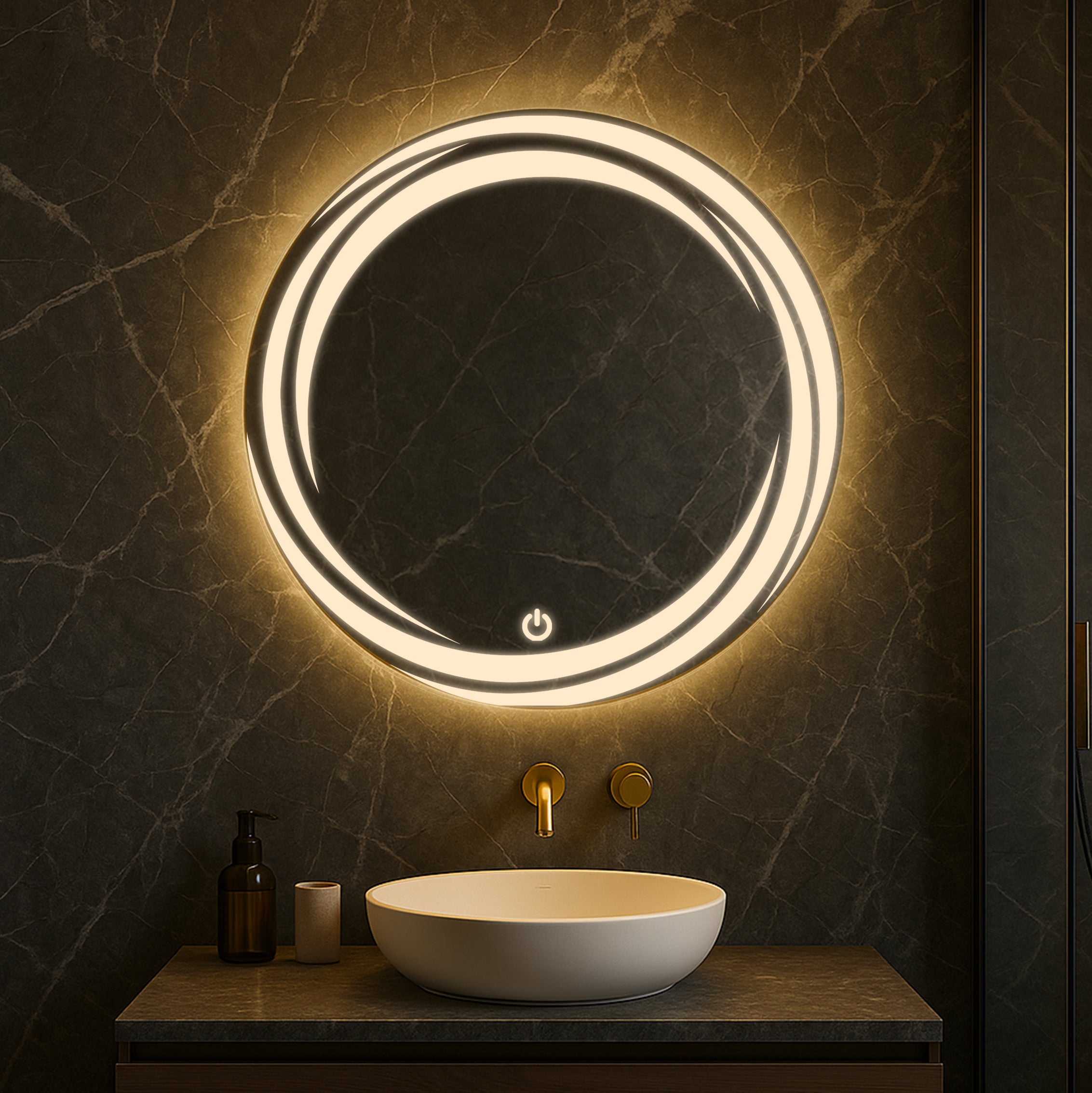 Round LED Mirror with Spiral Light Design – Touch Sensor & Dual Light Options
