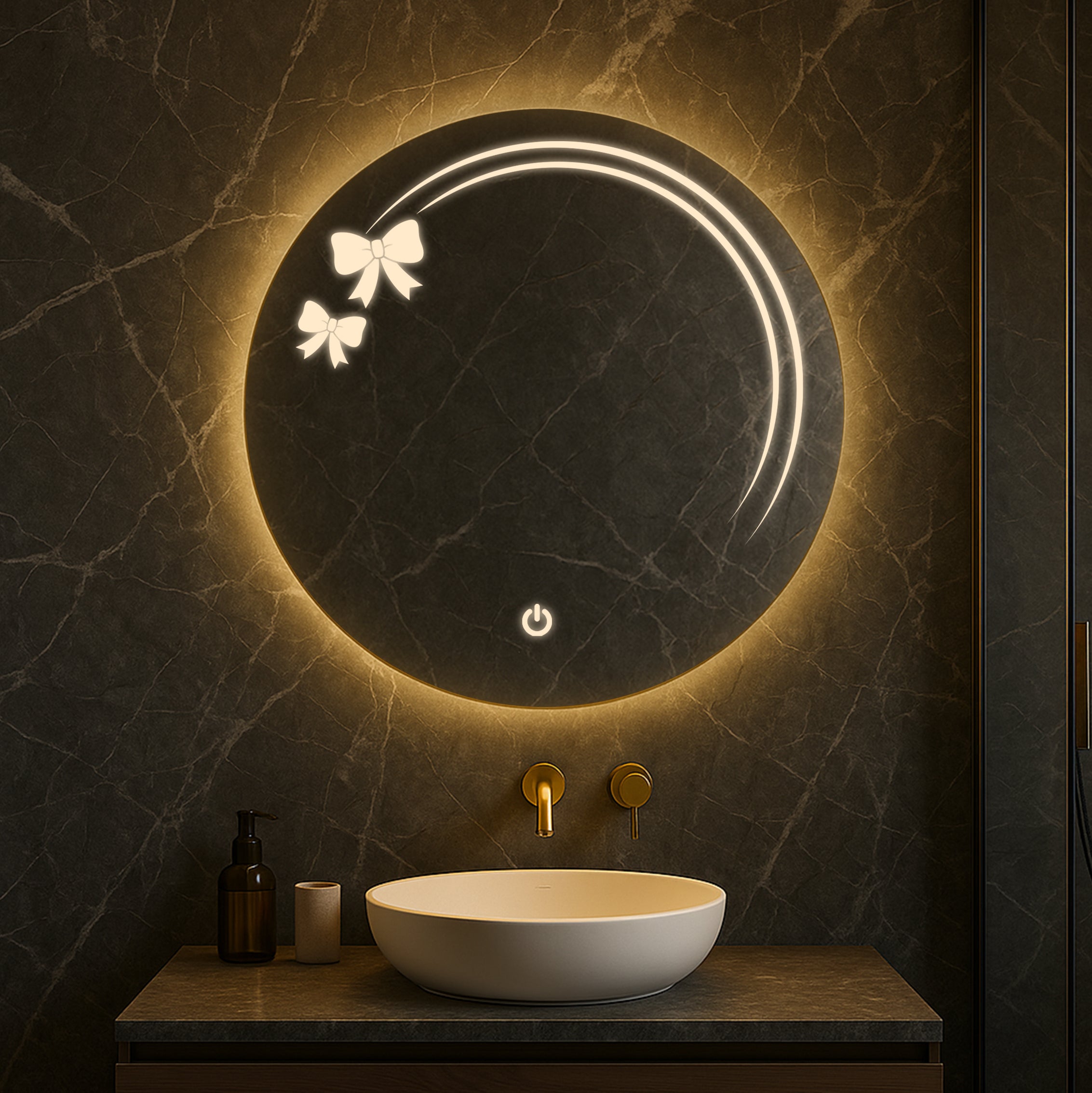 Round LED Mirror with Bow Accent Light Design – Touch Sensor & Dual Light Modes