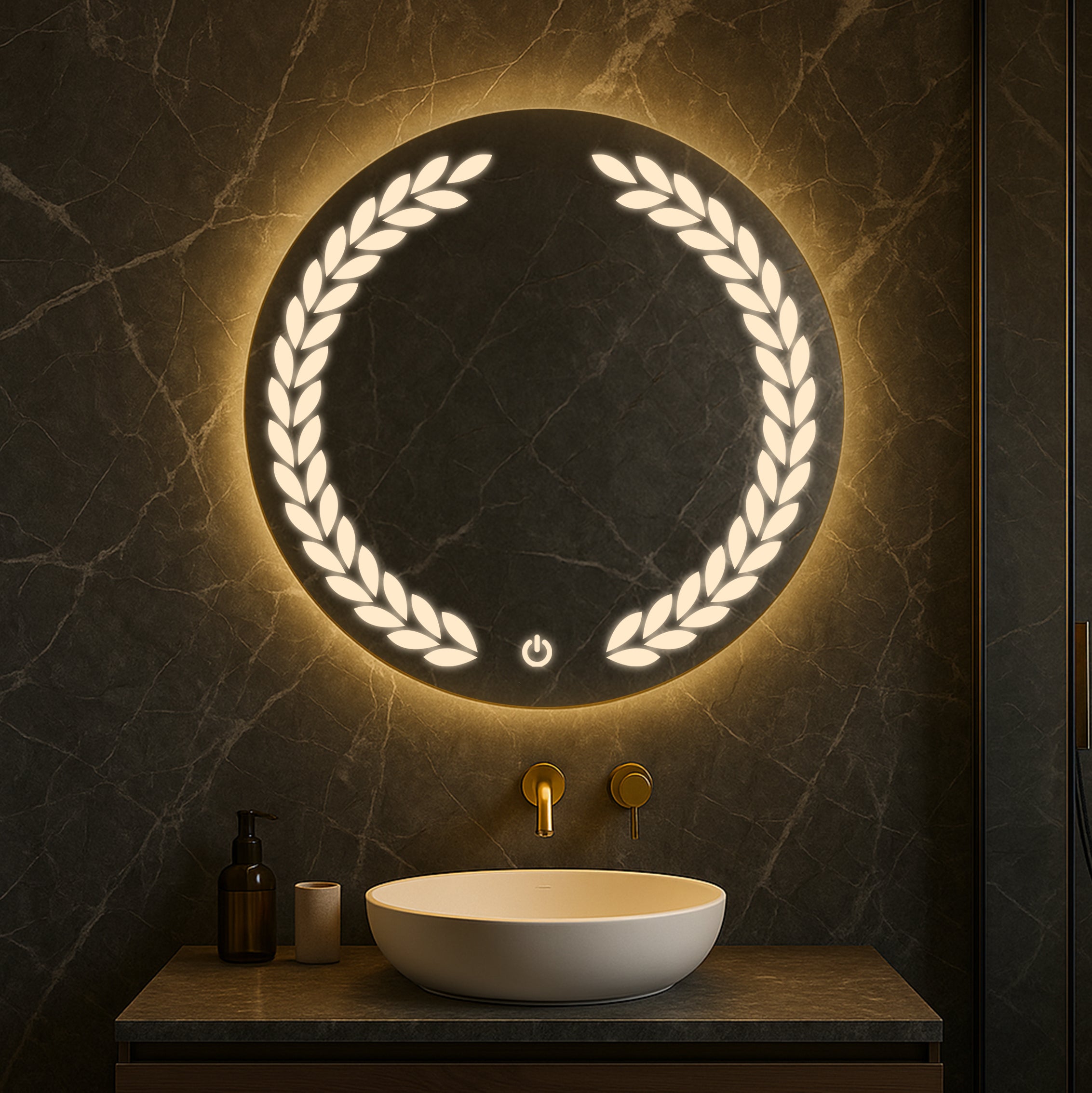 Round LED Mirror with Laurel Leaf Light Design – Touch Sensor & Dual Light Options