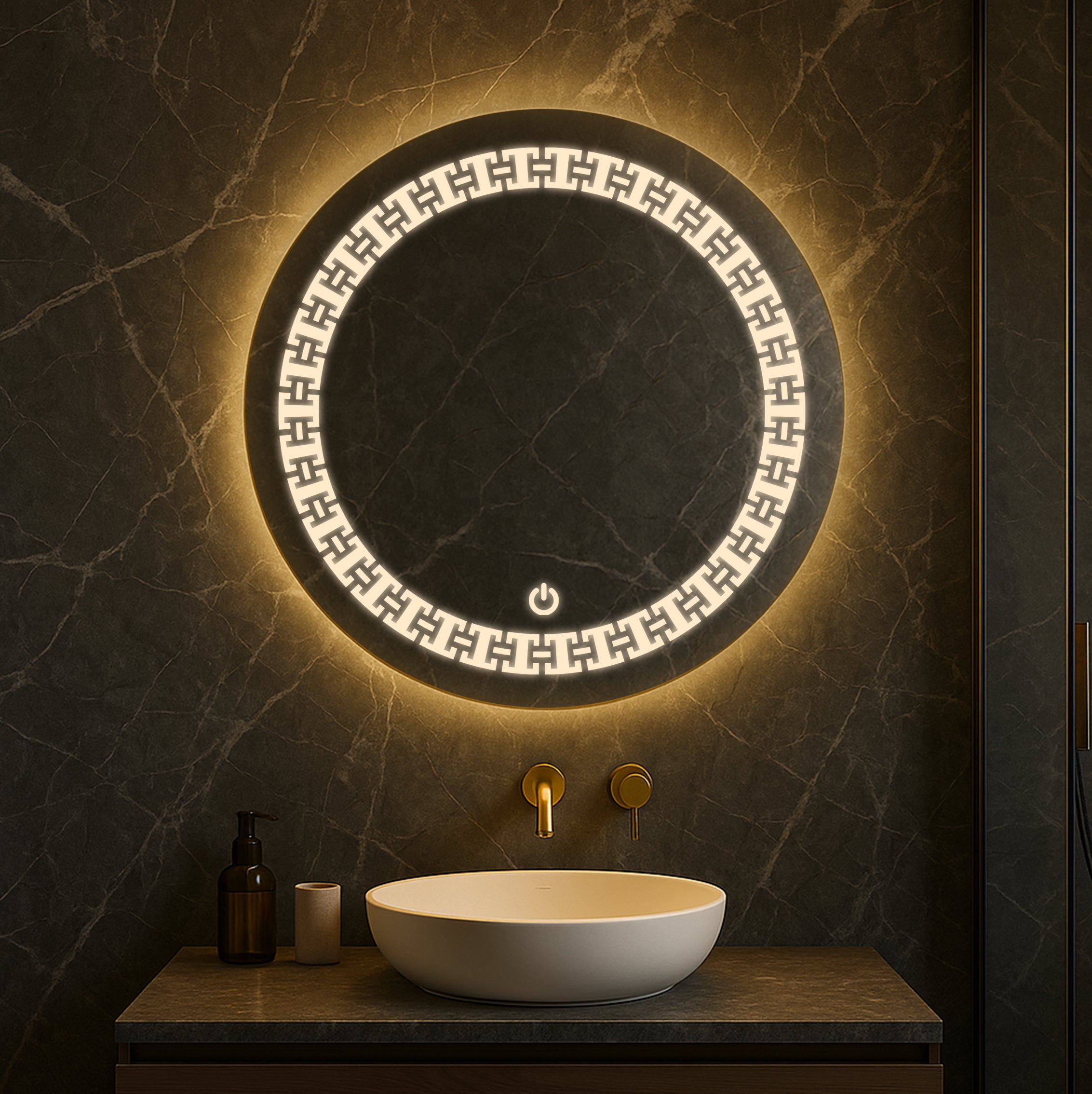 Round LED Mirror with Geometric Greek Key Pattern – Touch Sensor & Dual Light Options