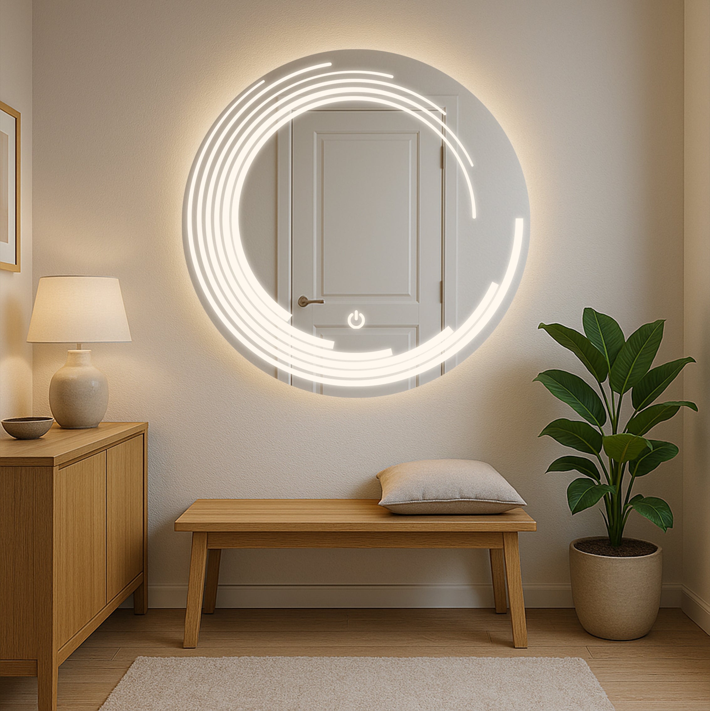 Modern LED Round Mirror with Artistic Light Design – Touch Sensor & Dual Light Modes