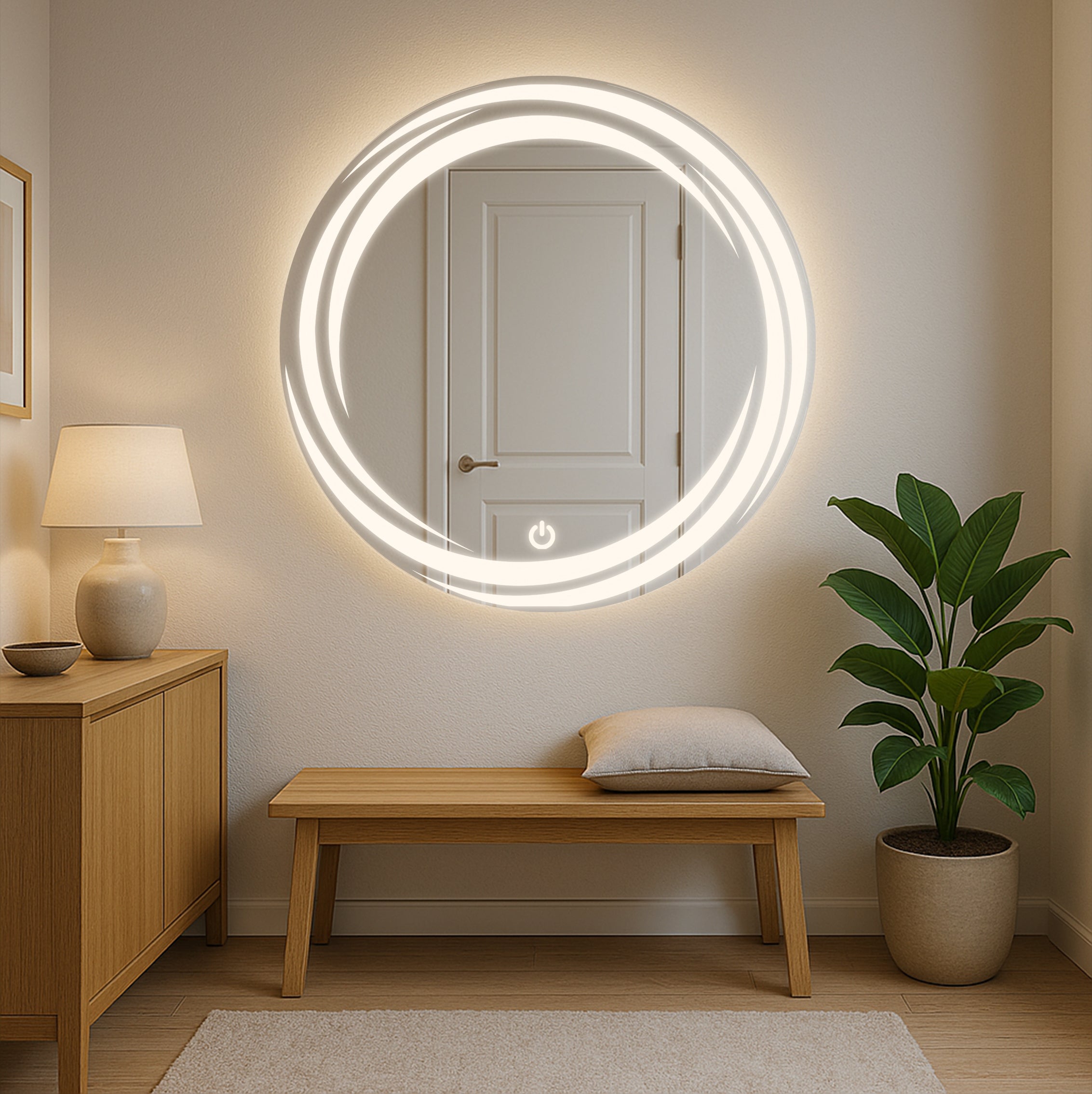 Round LED Mirror with Spiral Light Design – Touch Sensor & Dual Light Options