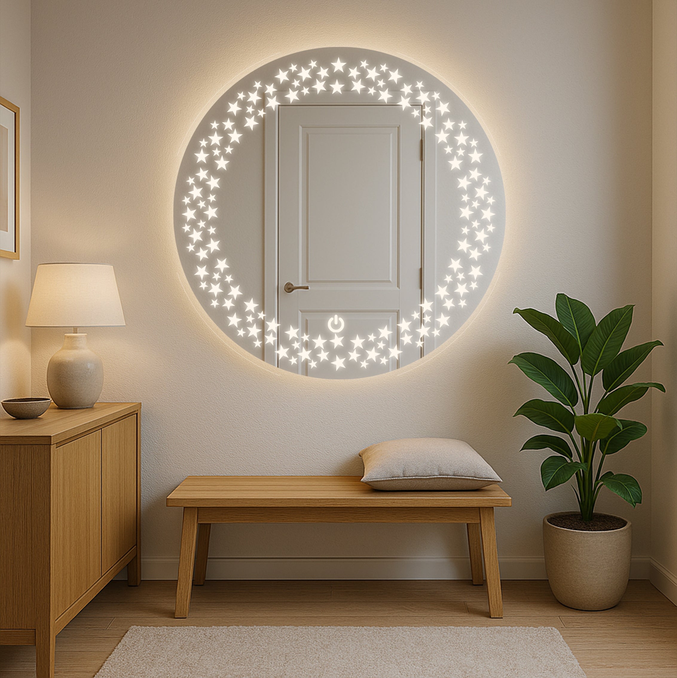 Round LED Mirror with Star Pattern Light – Touch Sensor & Dual Light Modes