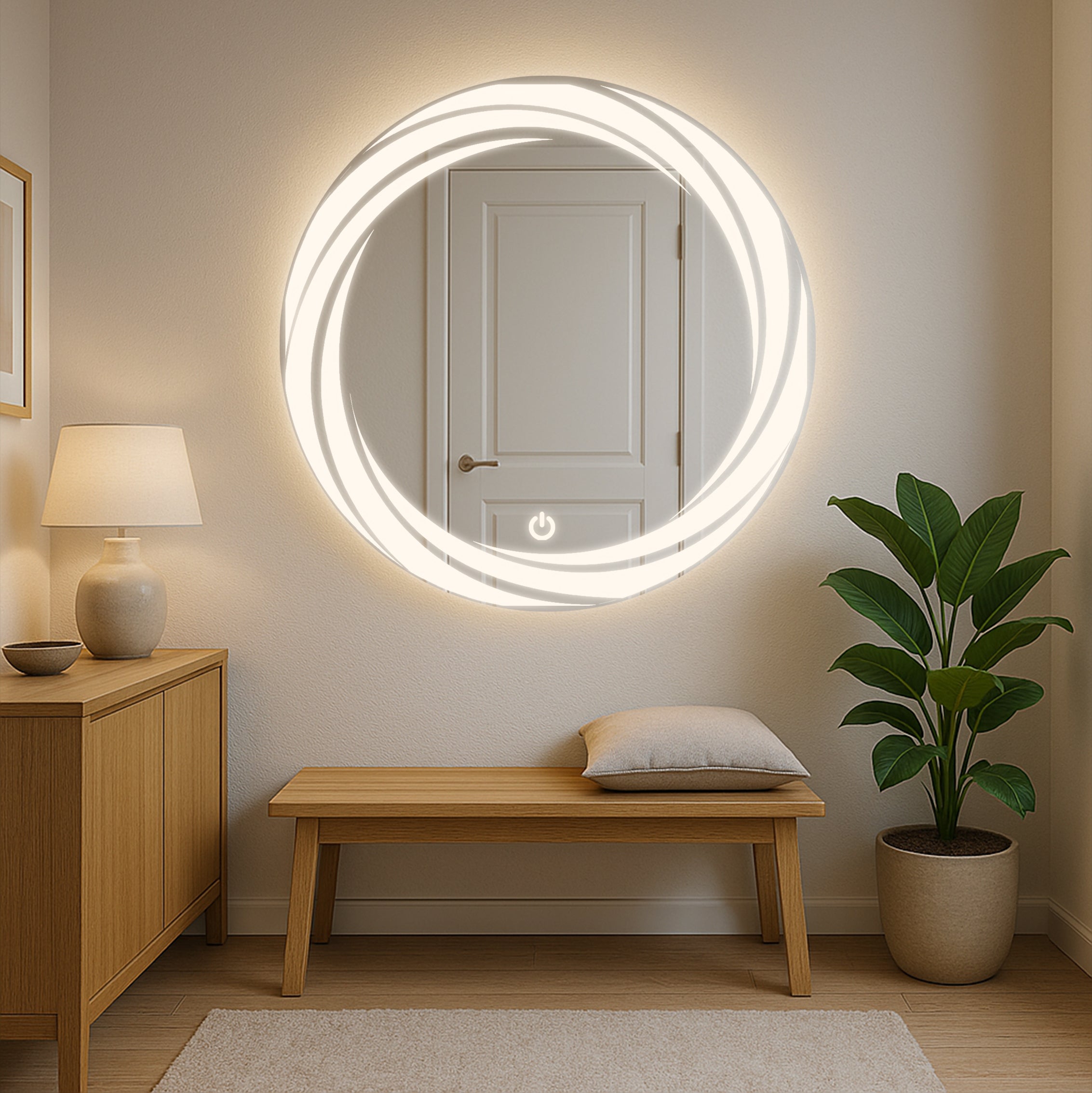 Round LED Mirror with Swirl Light Design – Touch Sensor & Dual Light Modes