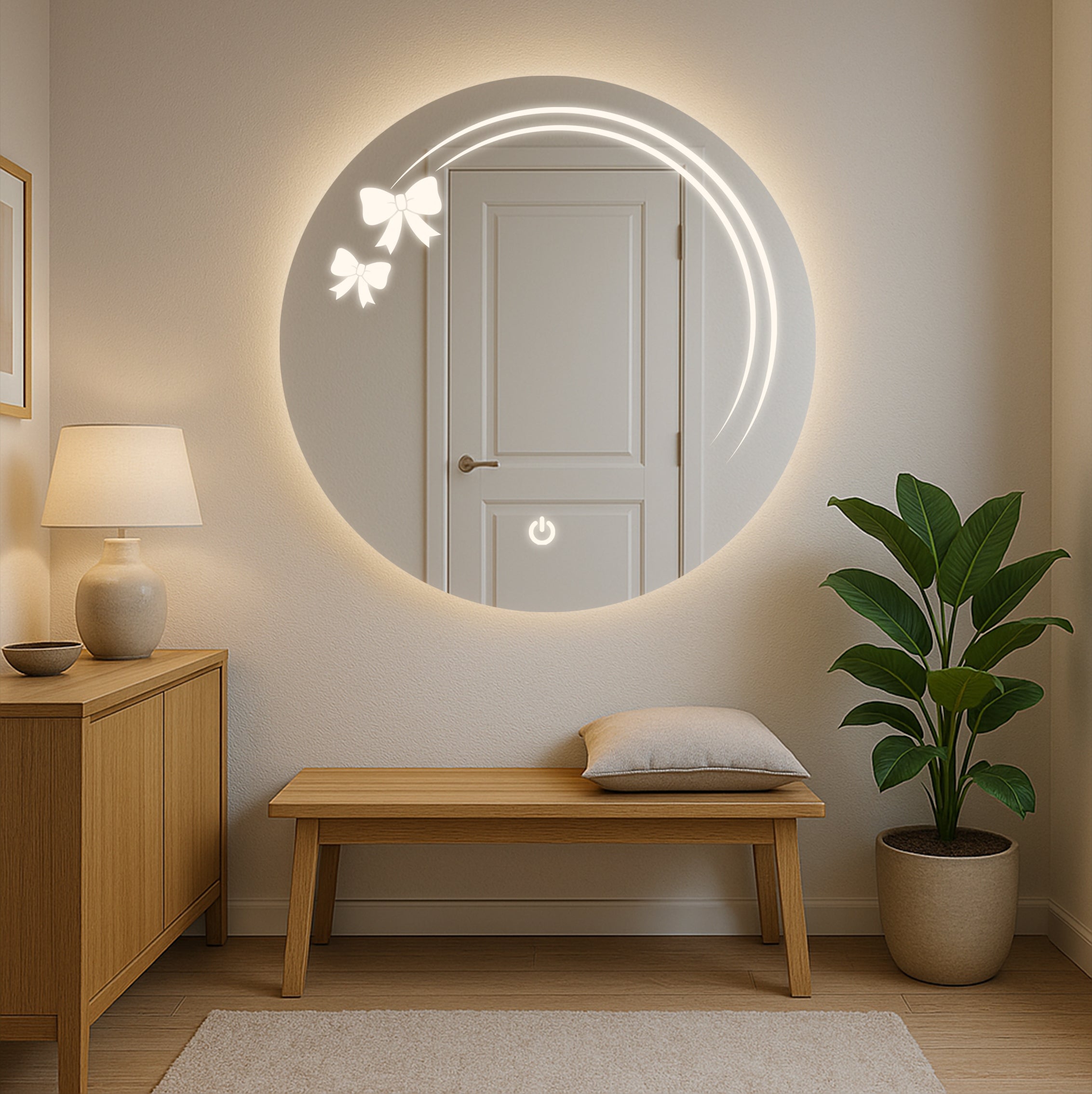 Round LED Mirror with Bow Accent Light Design – Touch Sensor & Dual Light Modes