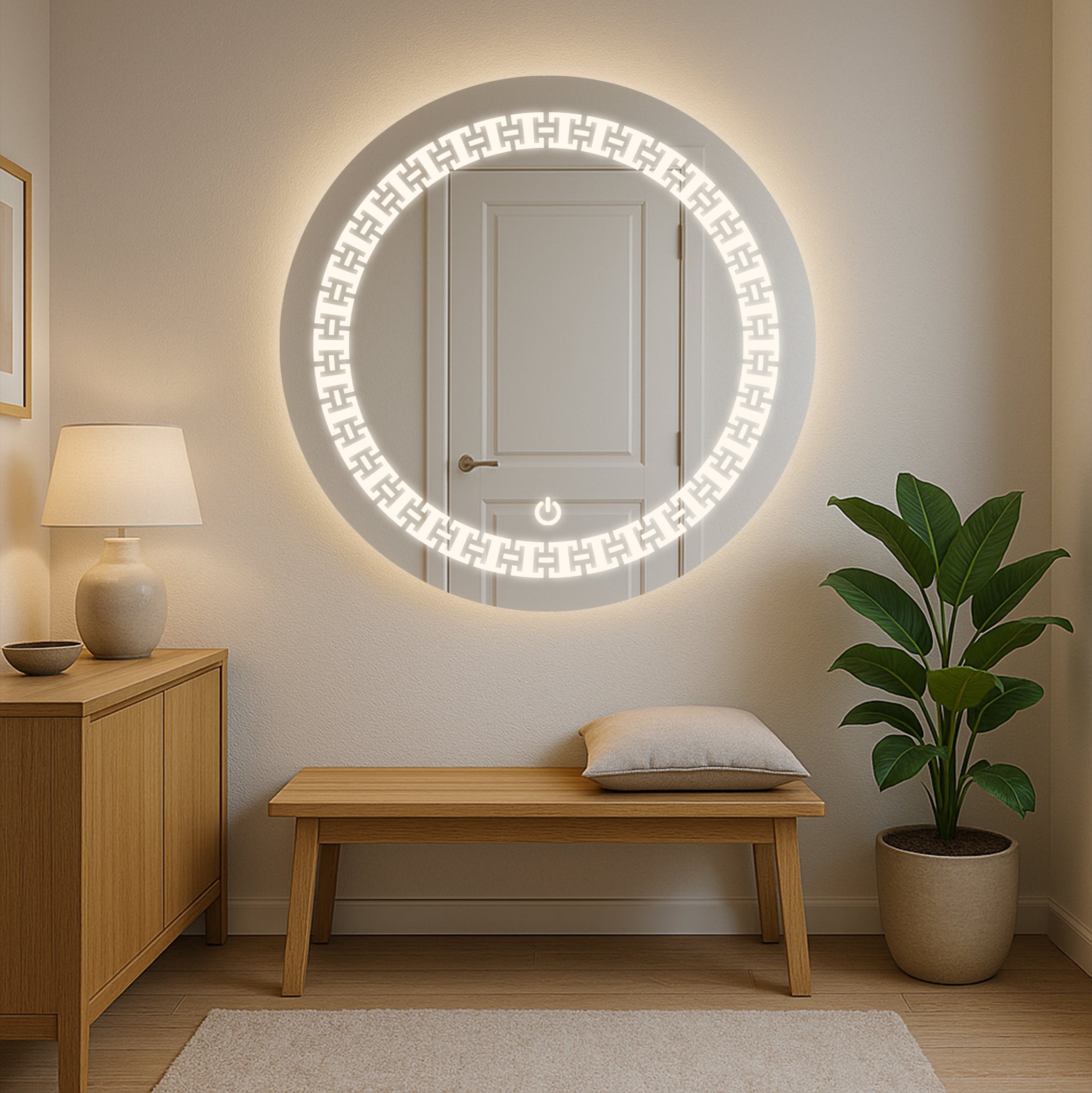Round LED Mirror with Geometric Greek Key Pattern – Touch Sensor & Dual Light Options