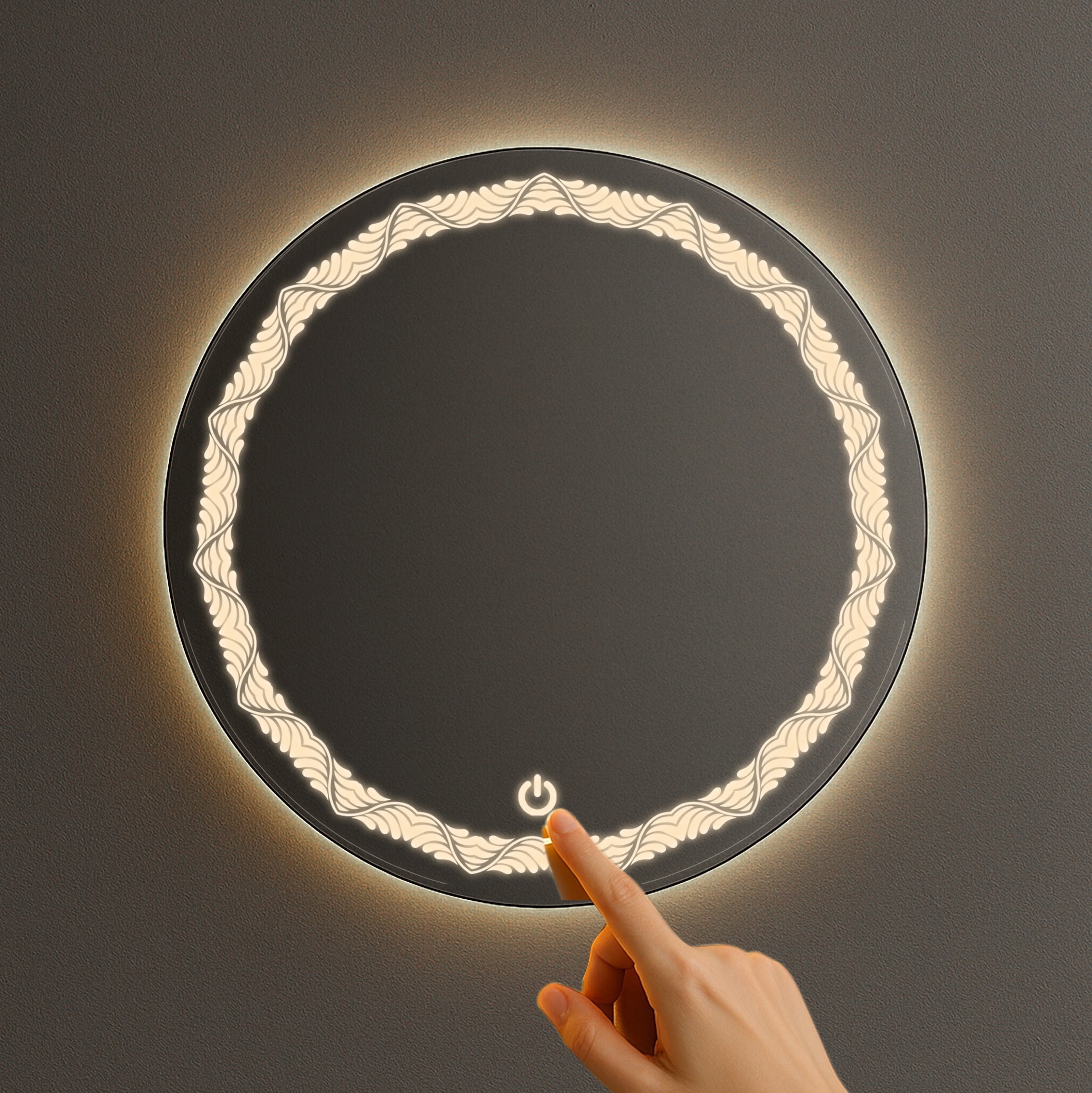 Round LED Mirror with Wave Pattern Light – Touch Sensor & Dual Light Options