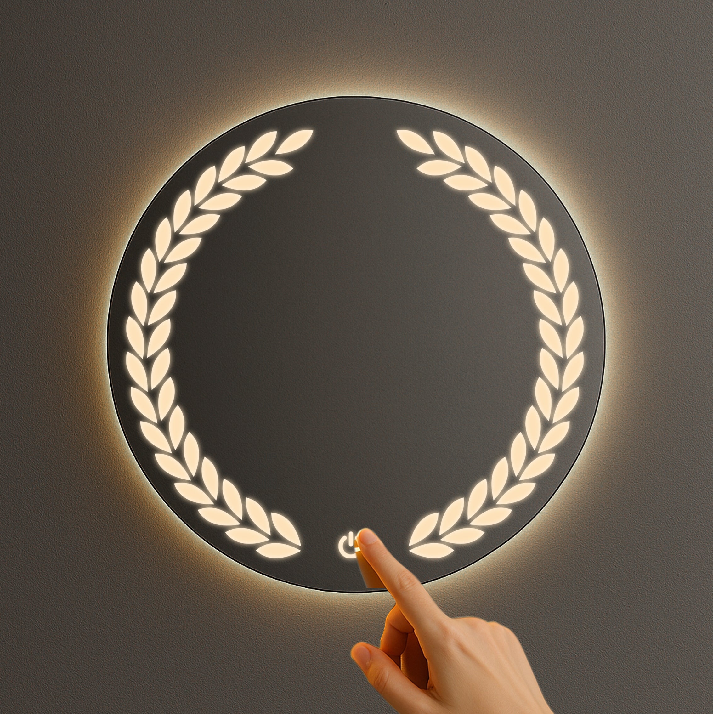 Round LED Mirror with Laurel Leaf Light Design – Touch Sensor & Dual Light Options