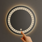 Round LED Mirror with Geometric Greek Key Pattern – Touch Sensor & Dual Light Options